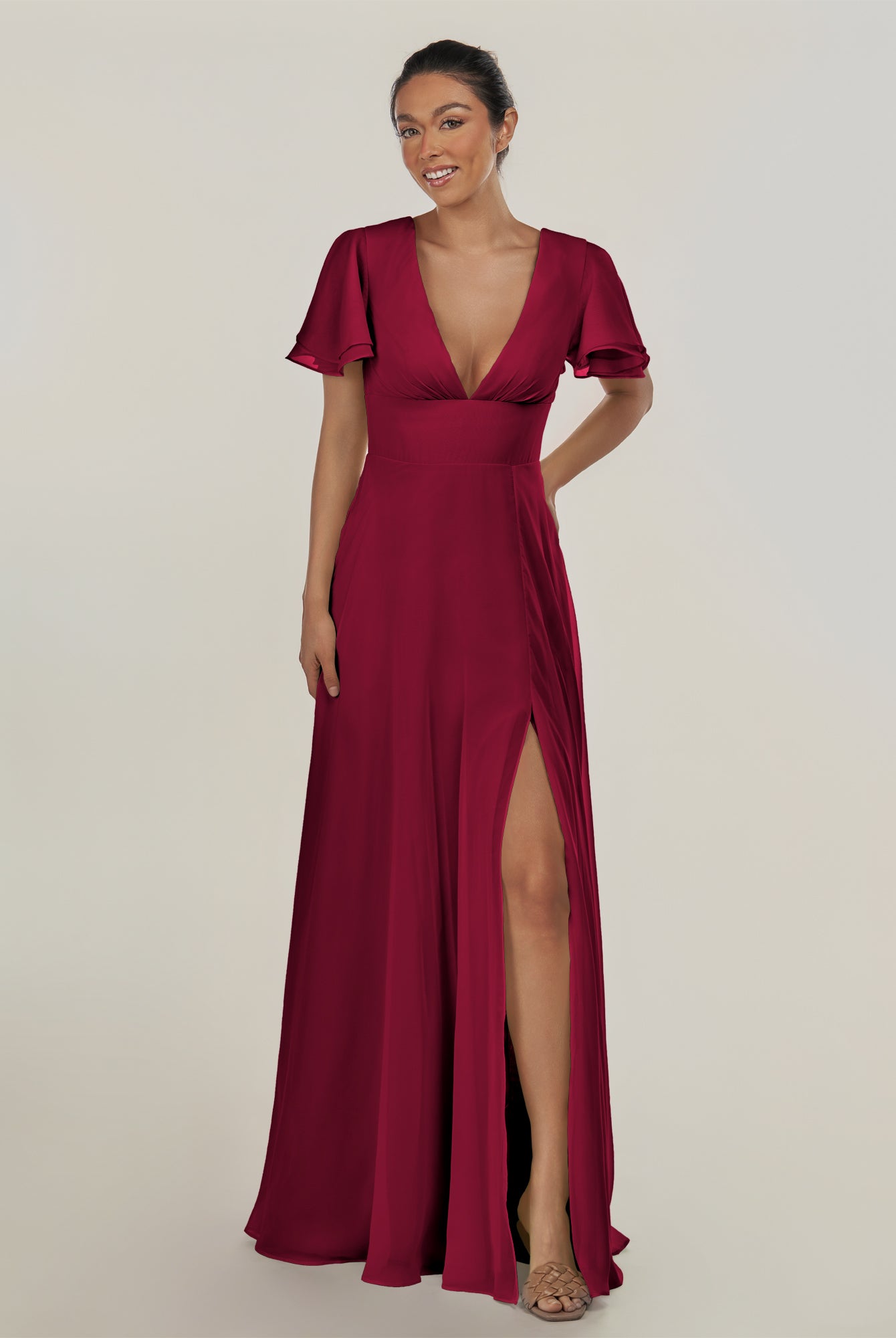 KissDress-Nira Berry A Line Chiffon Cap Sleeves V Neck Long Bridesmaid Dress with Slit