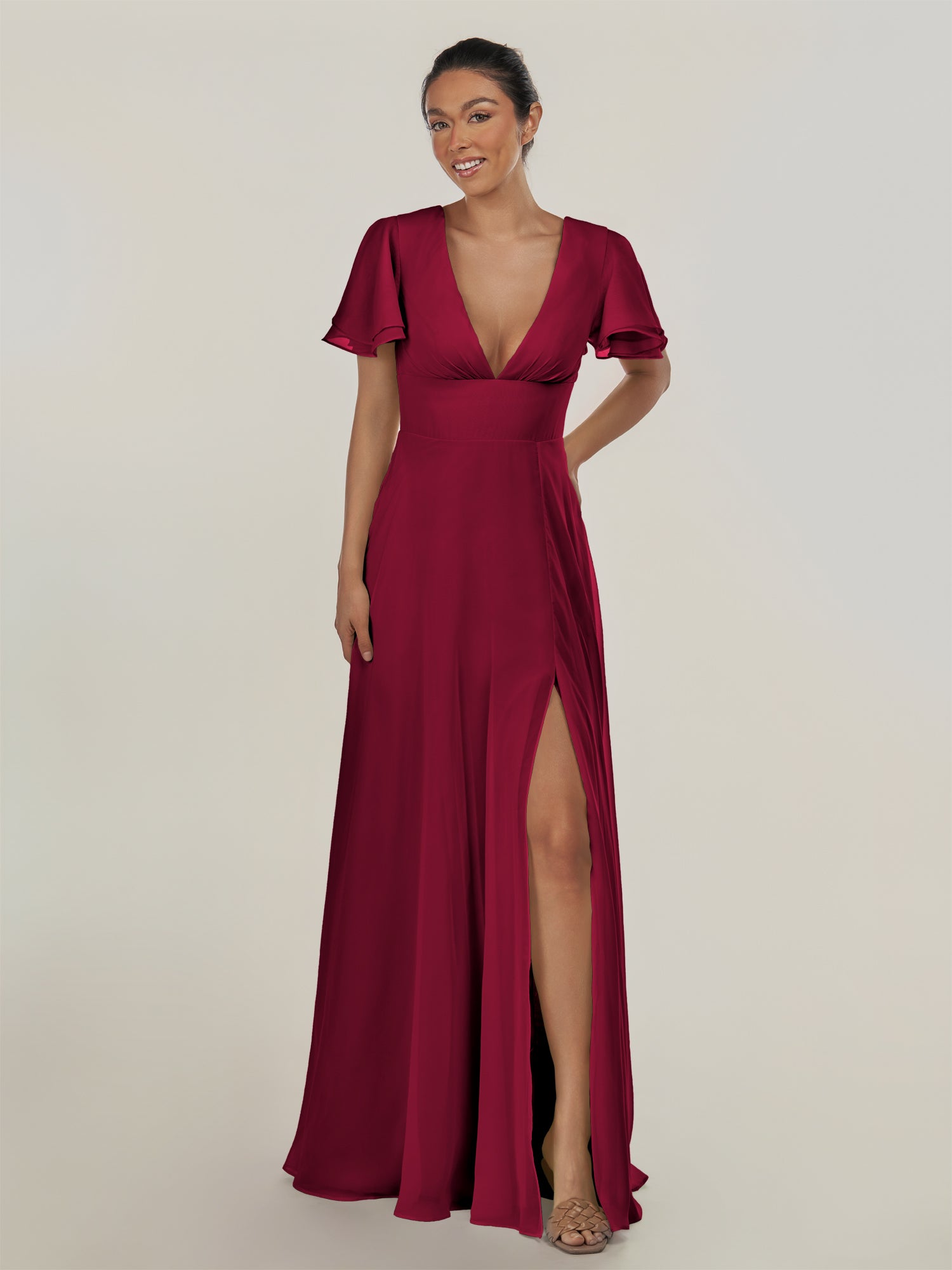 KissDress-Nira Berry A Line Chiffon Cap Sleeves V Neck Long Bridesmaid Dress with Slit