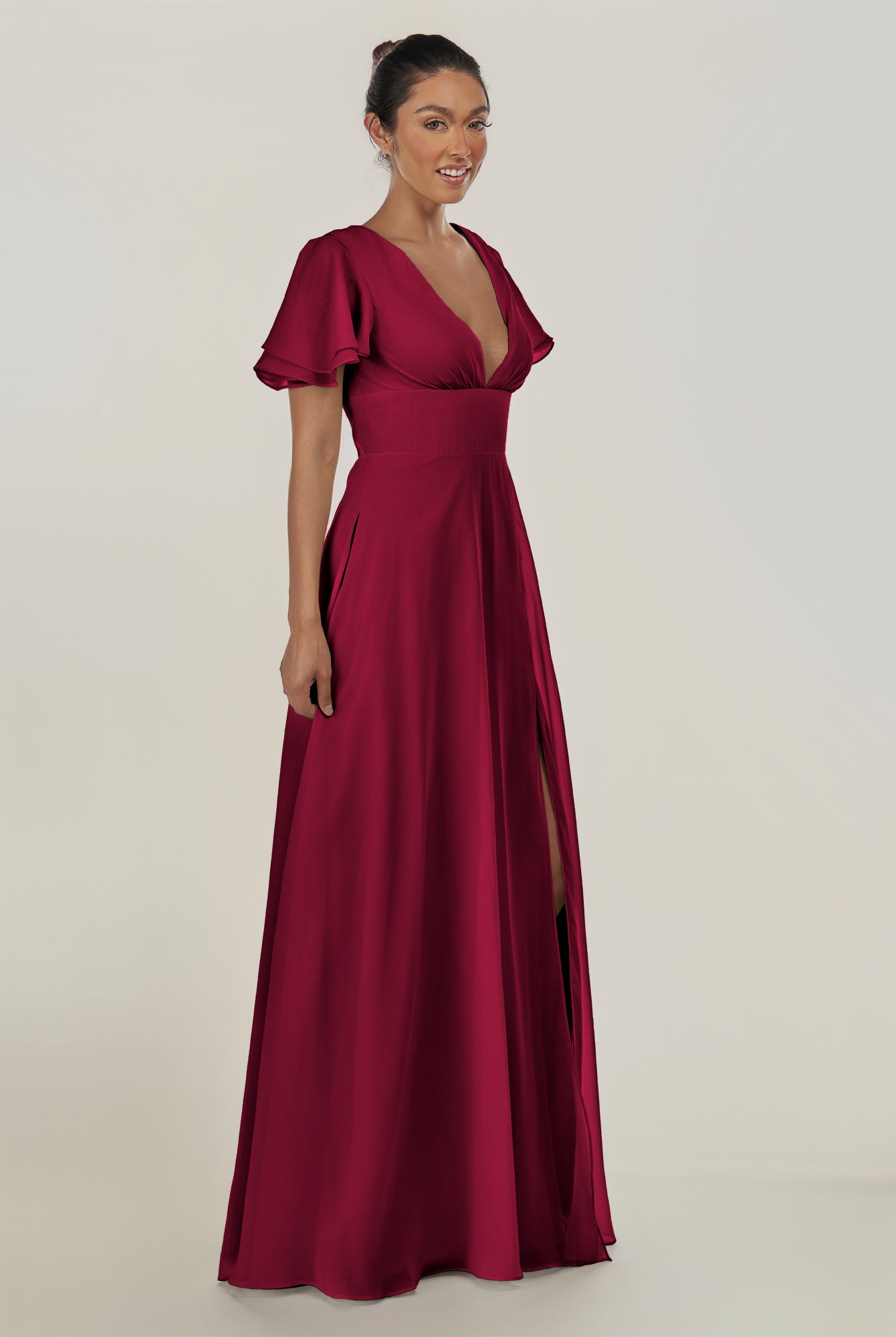 KissDress-Nira Berry A Line Chiffon Cap Sleeves V Neck Long Bridesmaid Dress with Slit