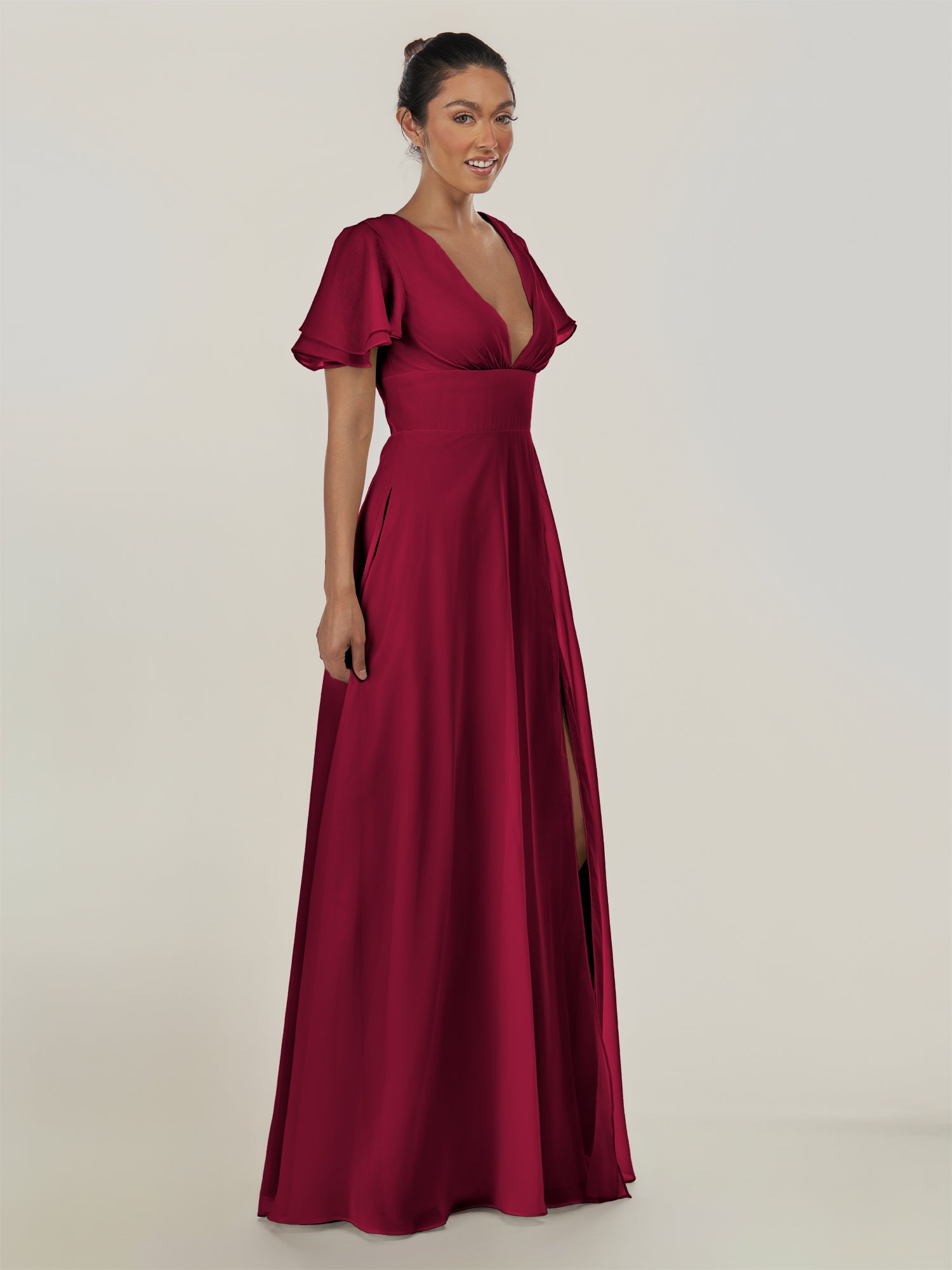 KissDress-Nira Berry A Line Chiffon Cap Sleeves V Neck Long Bridesmaid Dress with Slit