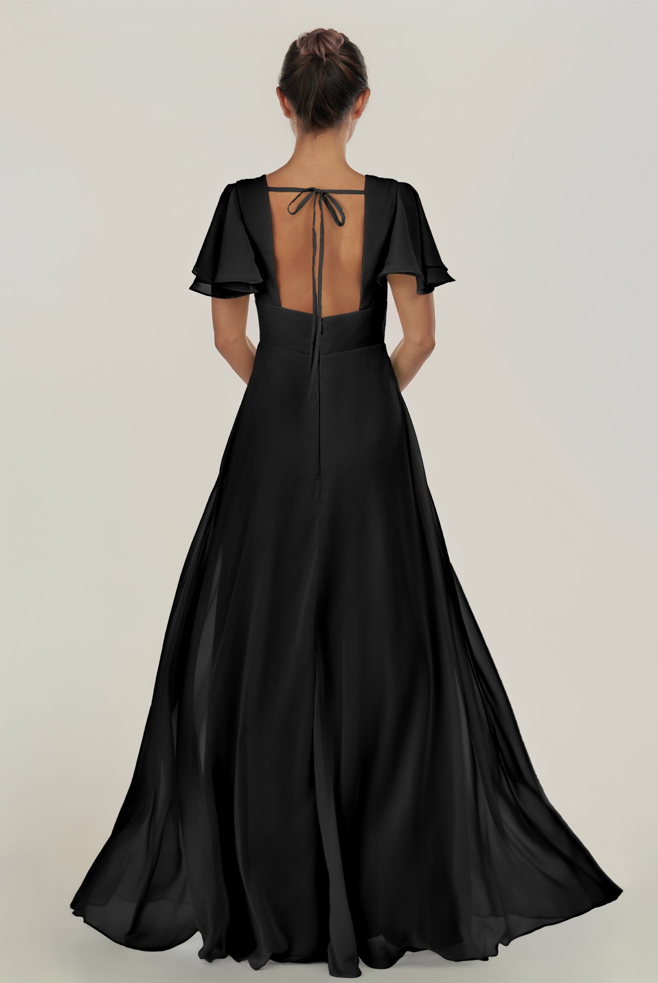 KissDress-Nira Black A Line Chiffon Cap Sleeves V Neck Long Bridesmaid Dress with Slit