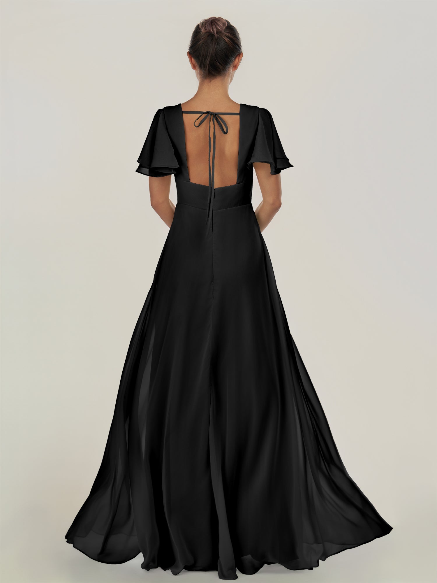 KissDress-Nira Black A Line Chiffon Cap Sleeves V Neck Long Bridesmaid Dress with Slit