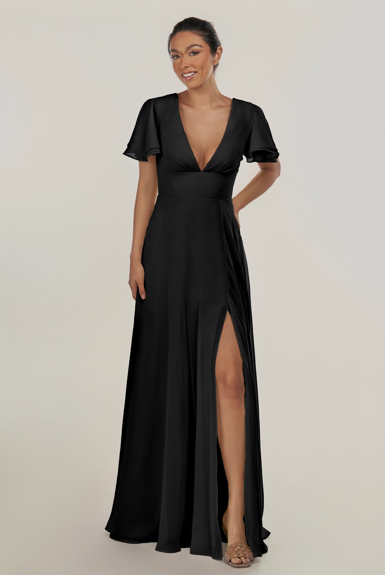 KissDress-Nira Black A Line Chiffon Cap Sleeves V Neck Long Bridesmaid Dress with Slit