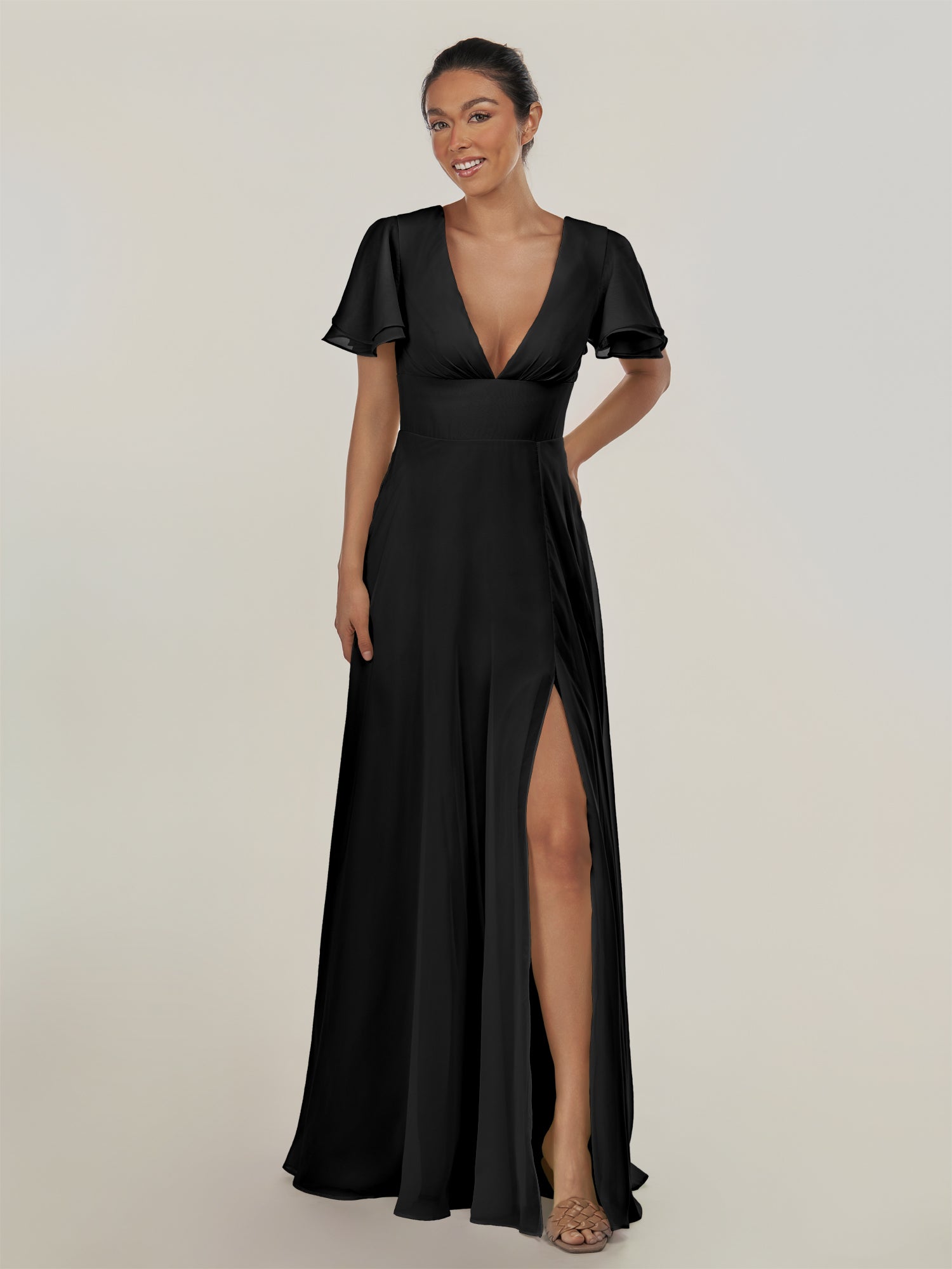 KissDress-Nira Black A Line Chiffon Cap Sleeves V Neck Long Bridesmaid Dress with Slit