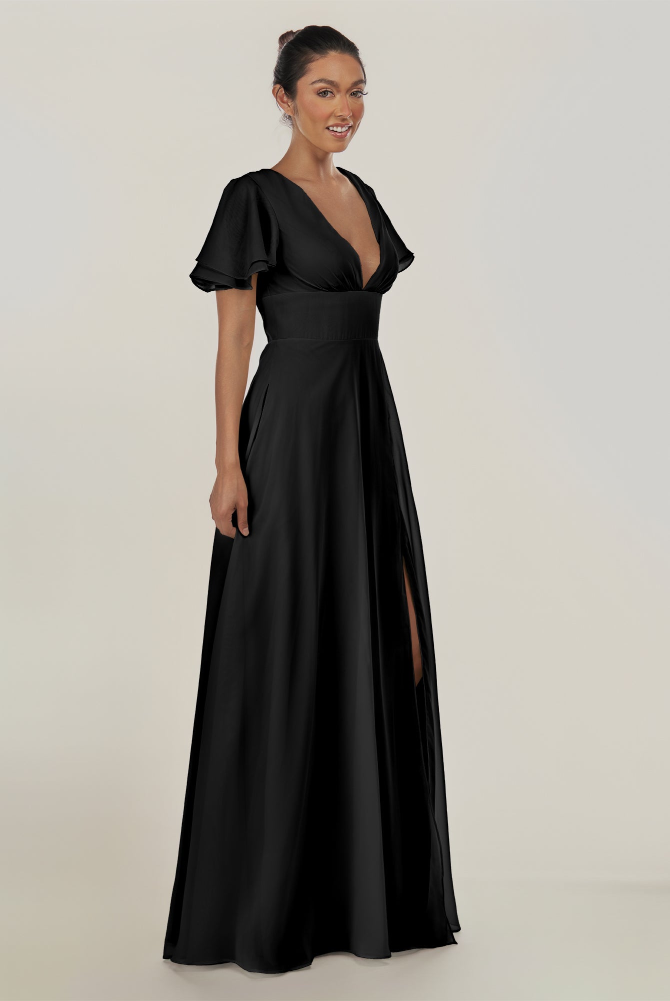 KissDress-Nira Black A Line Chiffon Cap Sleeves V Neck Long Bridesmaid Dress with Slit