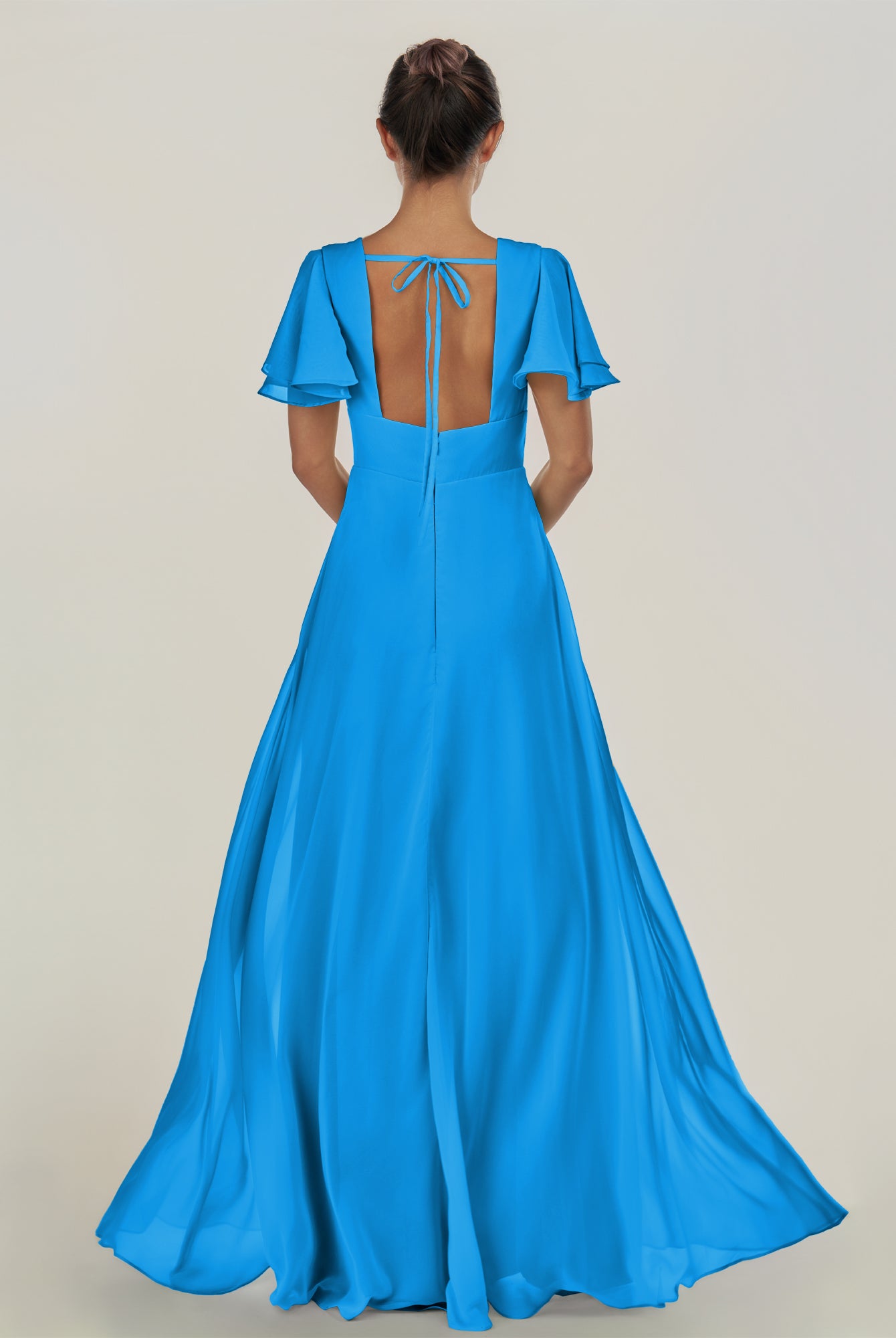 KissDress-Nira Blue Jay A Line Chiffon Cap Sleeves V Neck Long Bridesmaid Dress with Slit