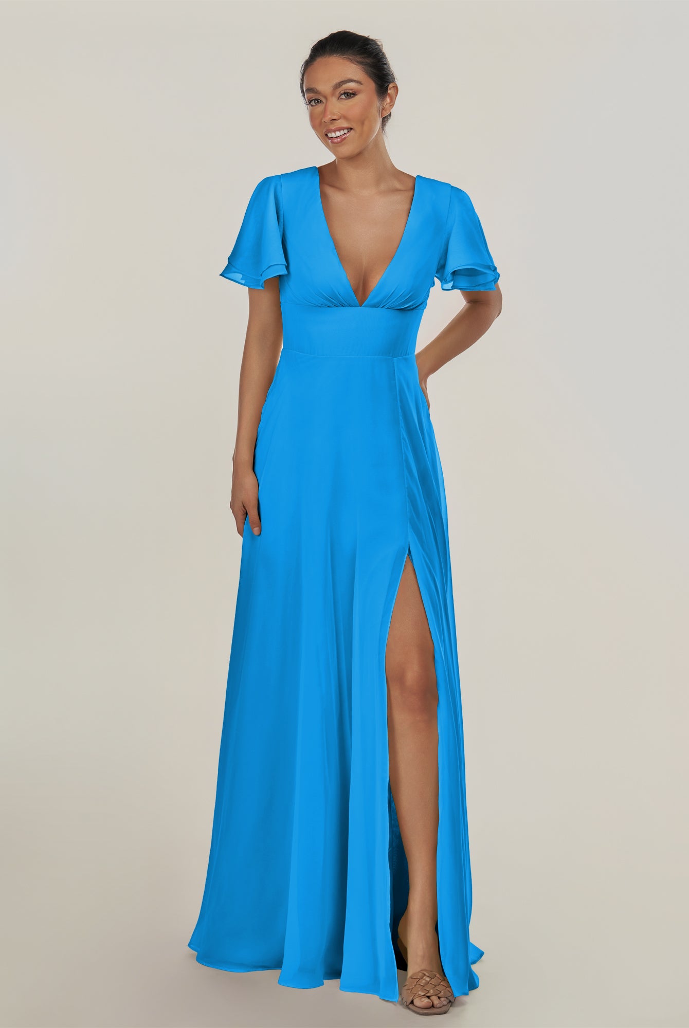 KissDress-Nira Blue Jay A Line Chiffon Cap Sleeves V Neck Long Bridesmaid Dress with Slit