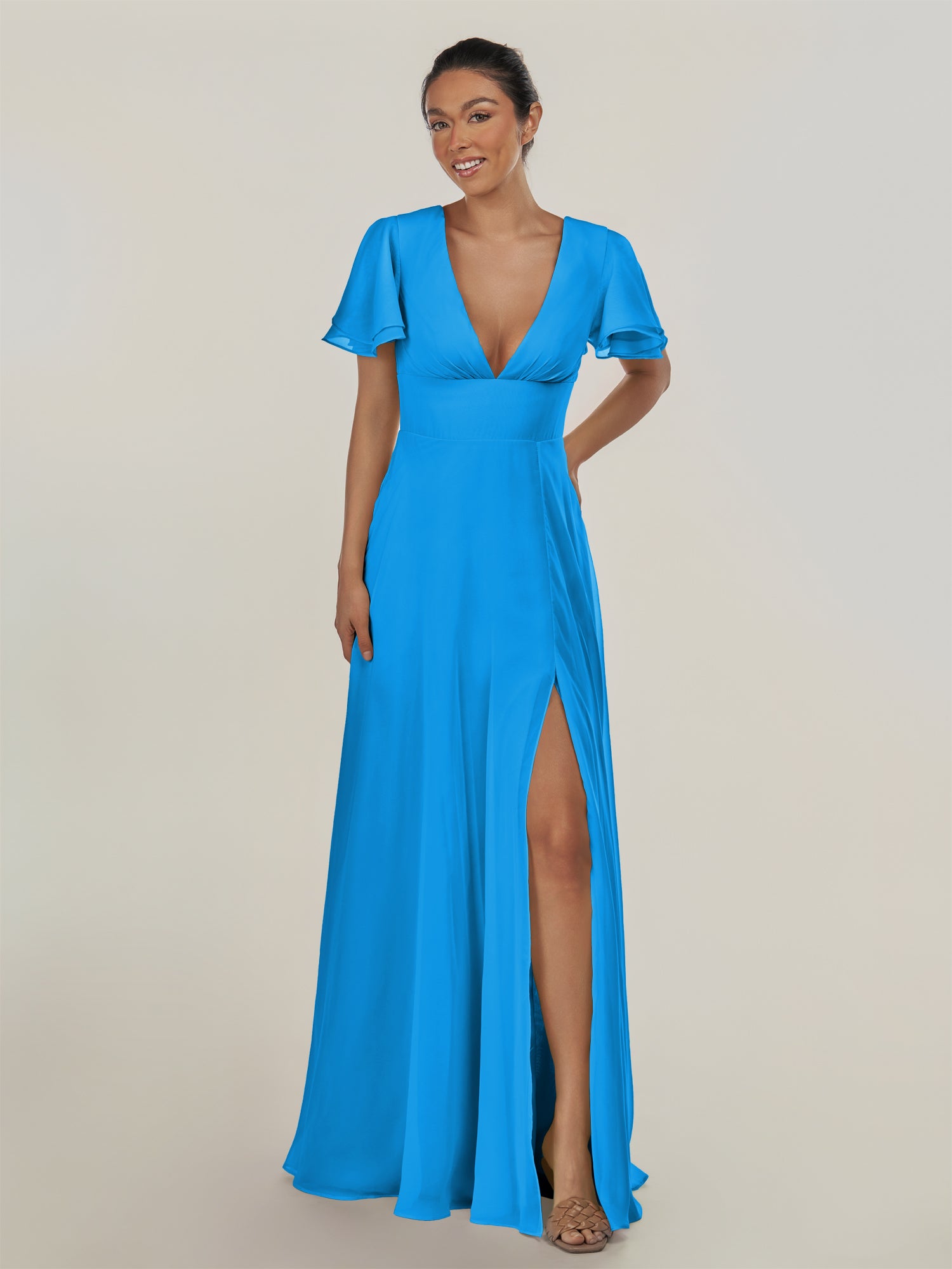 KissDress-Nira Blue Jay A Line Chiffon Cap Sleeves V Neck Long Bridesmaid Dress with Slit