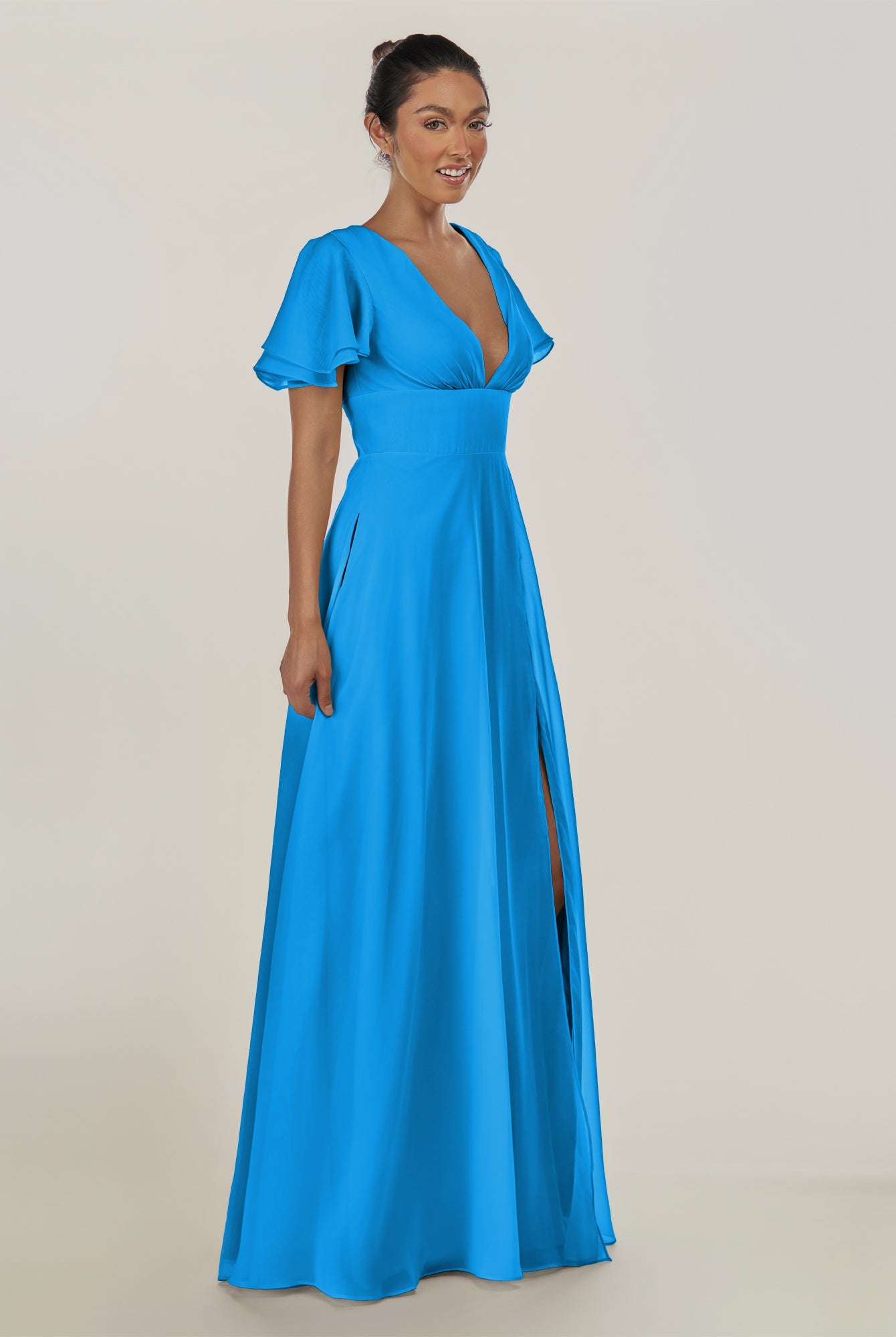 KissDress-Nira Blue Jay A Line Chiffon Cap Sleeves V Neck Long Bridesmaid Dress with Slit
