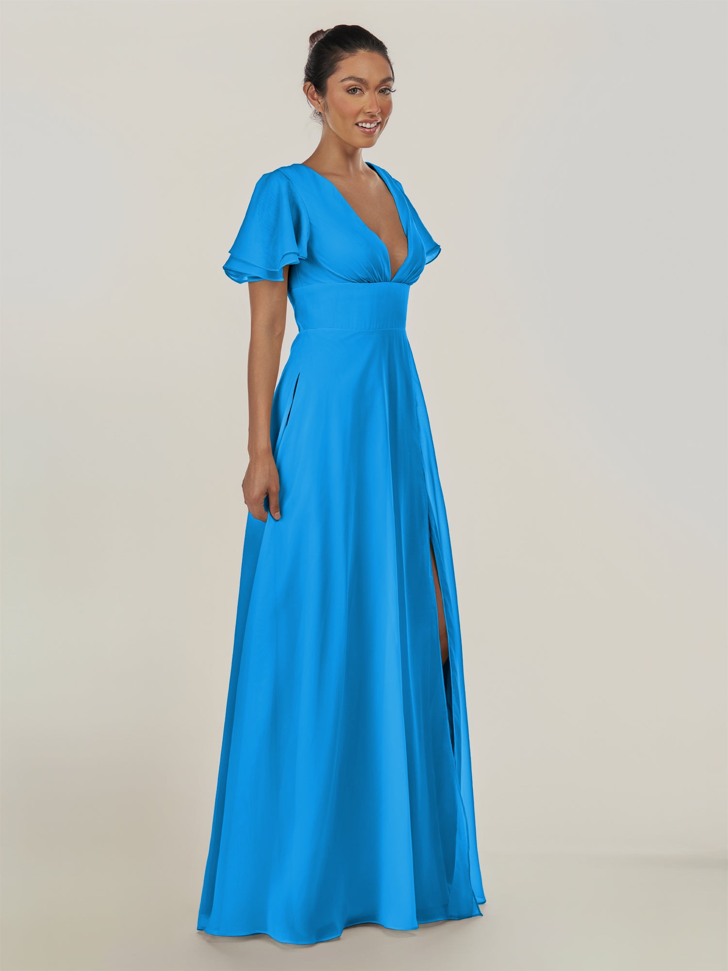 KissDress-Nira Blue Jay A Line Chiffon Cap Sleeves V Neck Long Bridesmaid Dress with Slit