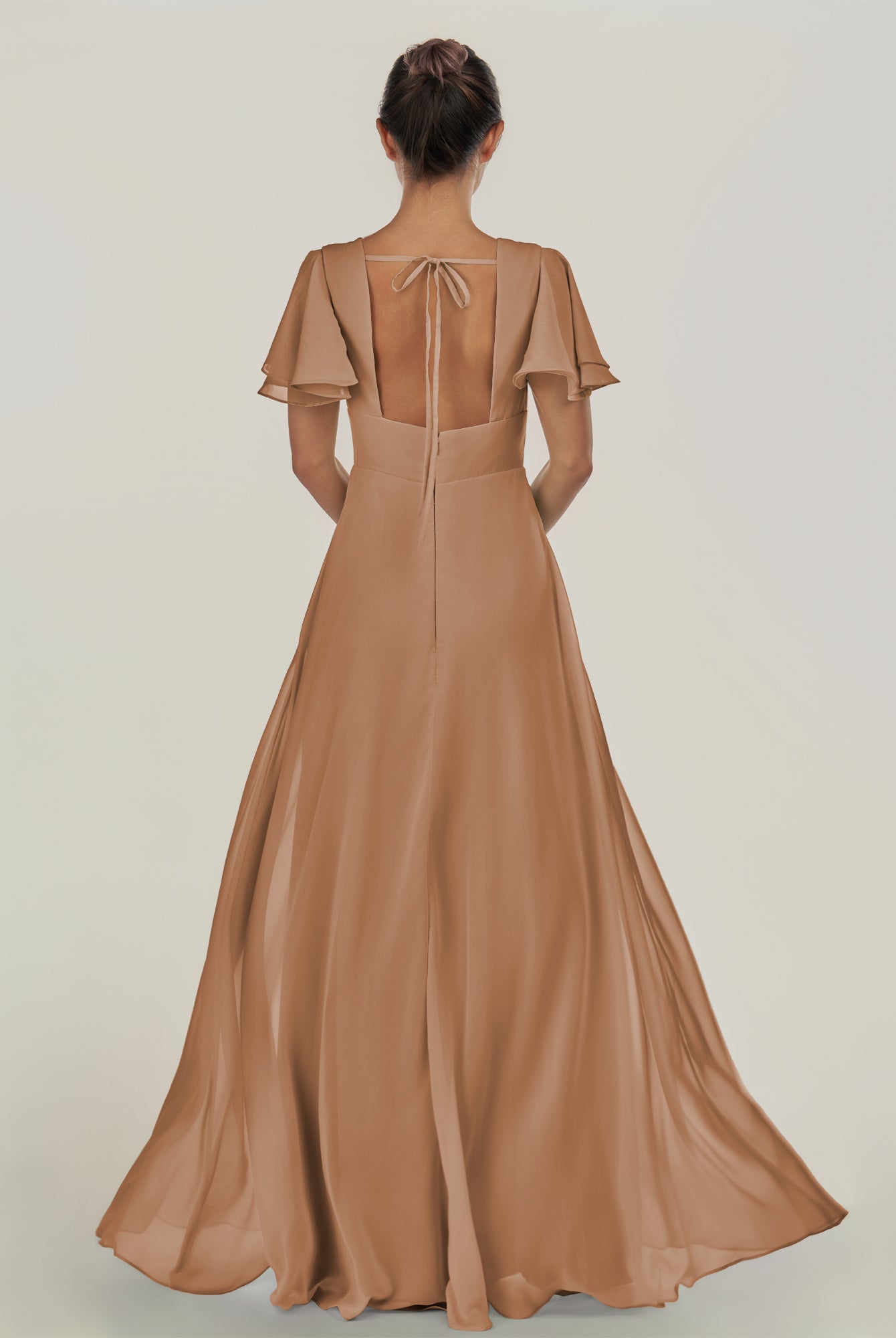 KissDress-Nira Bronzer A Line Chiffon Cap Sleeves V Neck Long Bridesmaid Dress with Slit