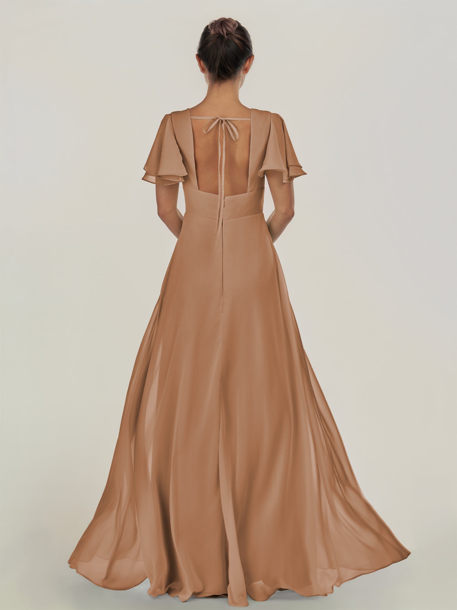 KissDress-Nira Bronzer A Line Chiffon Cap Sleeves V Neck Long Bridesmaid Dress with Slit