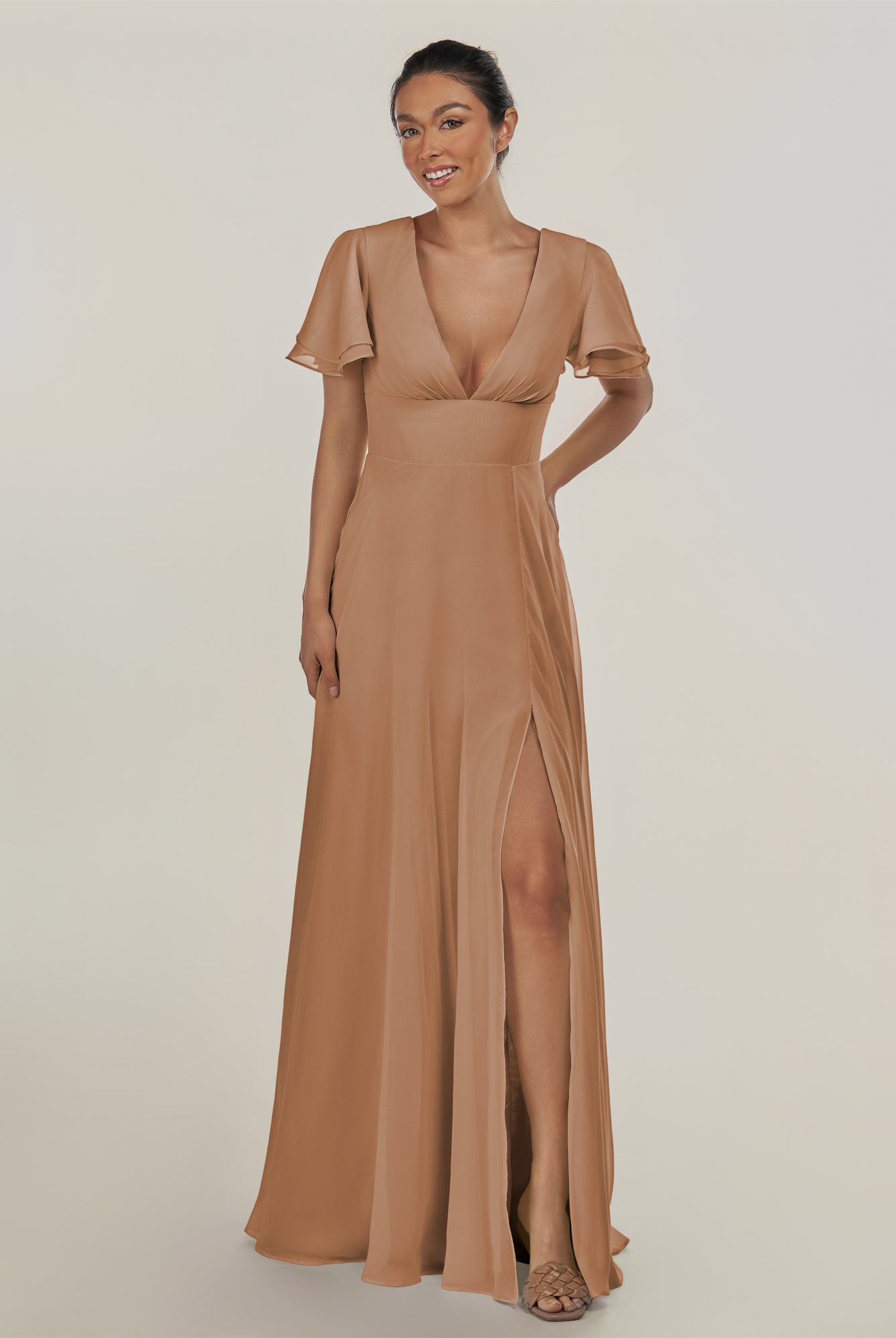 KissDress-Nira Bronzer A Line Chiffon Cap Sleeves V Neck Long Bridesmaid Dress with Slit