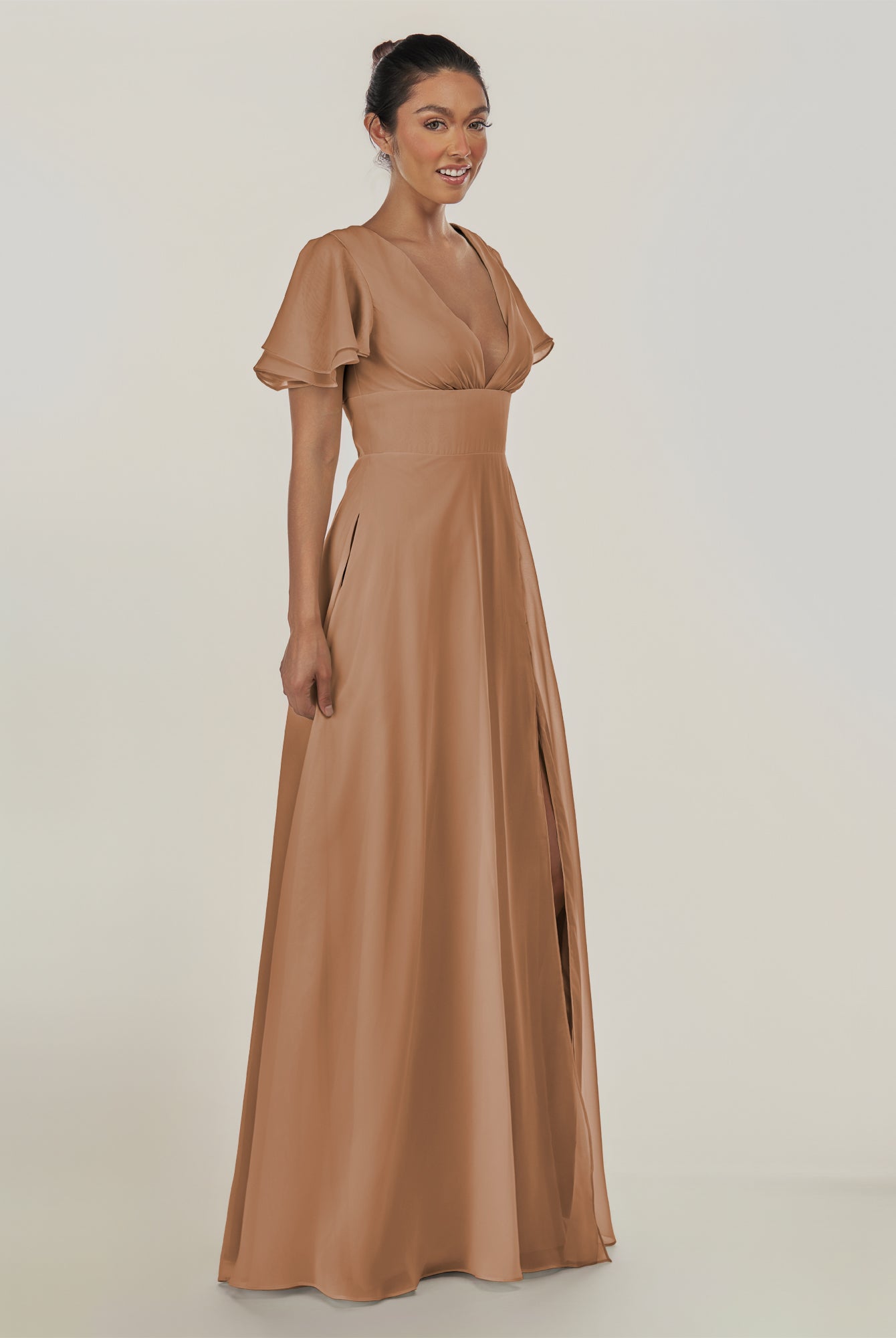 KissDress-Nira Bronzer A Line Chiffon Cap Sleeves V Neck Long Bridesmaid Dress with Slit