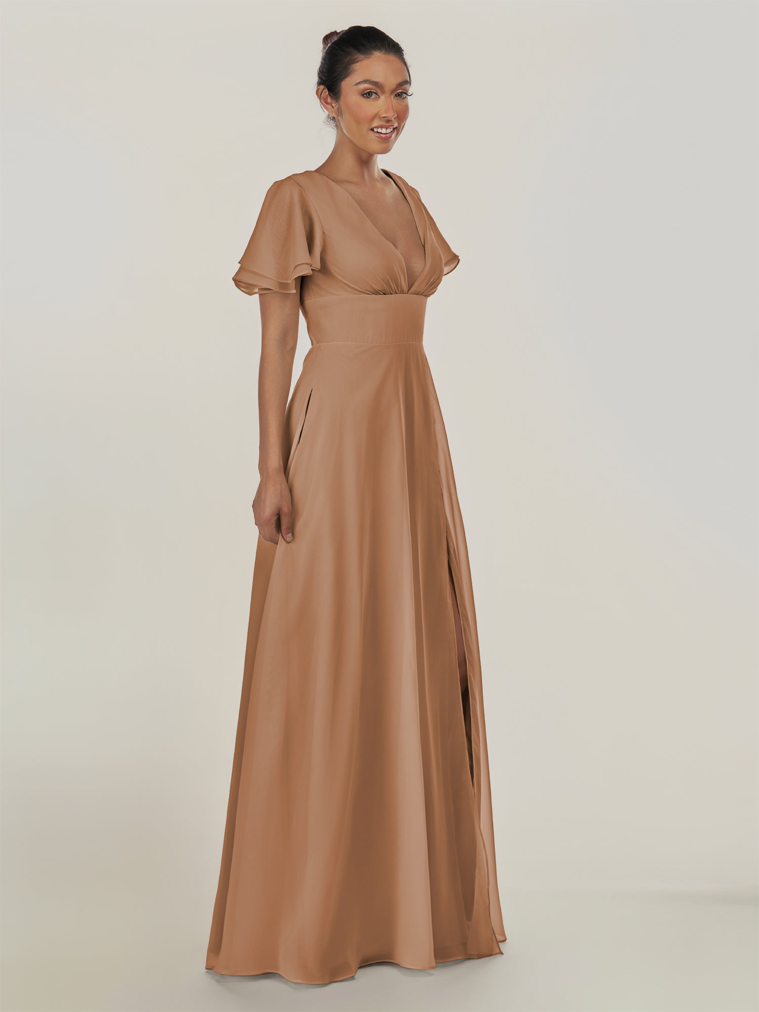 KissDress-Nira Bronzer A Line Chiffon Cap Sleeves V Neck Long Bridesmaid Dress with Slit
