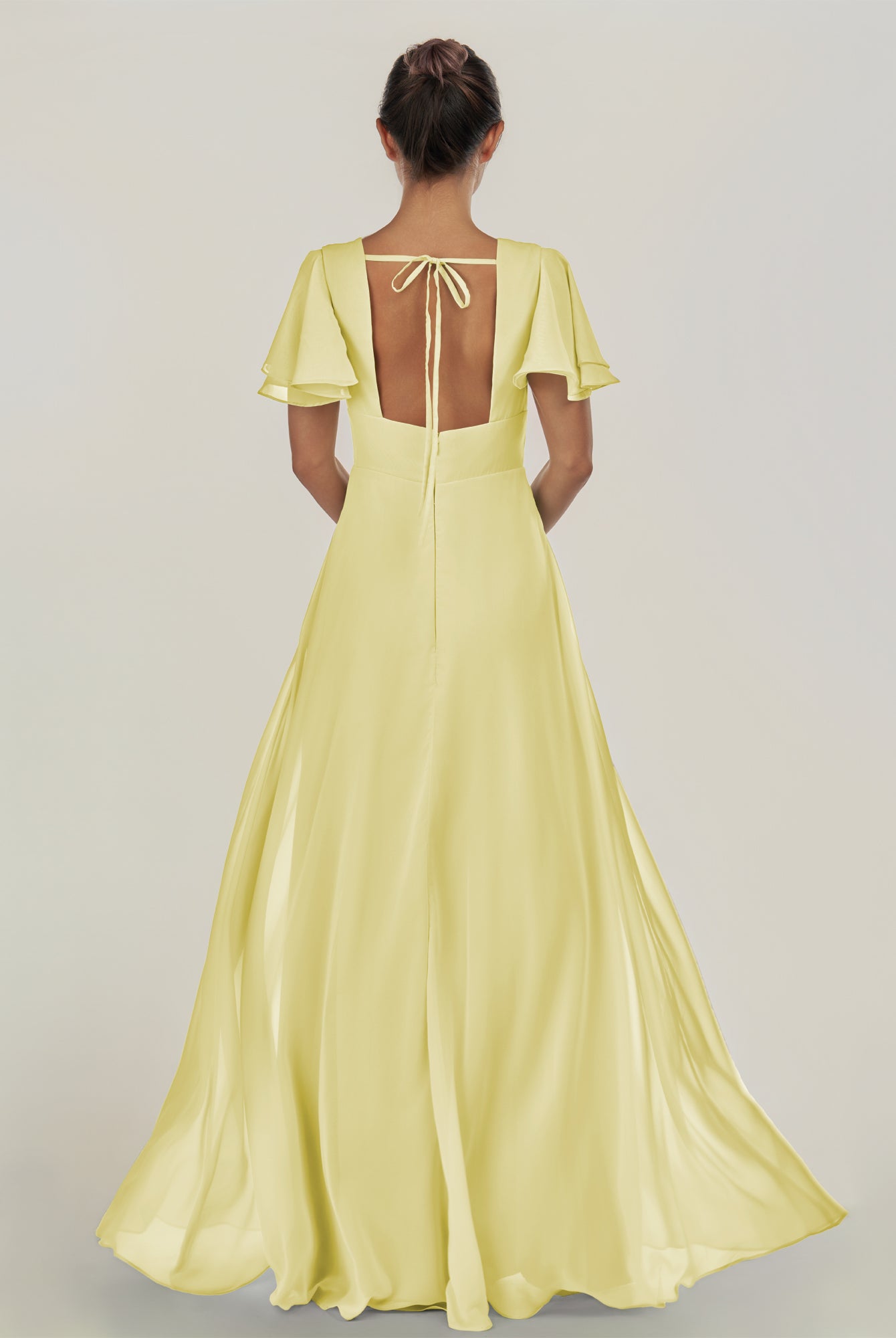 KissDress-Nira Buttercup A Line Chiffon Cap Sleeves V Neck Long Bridesmaid Dress with Slit