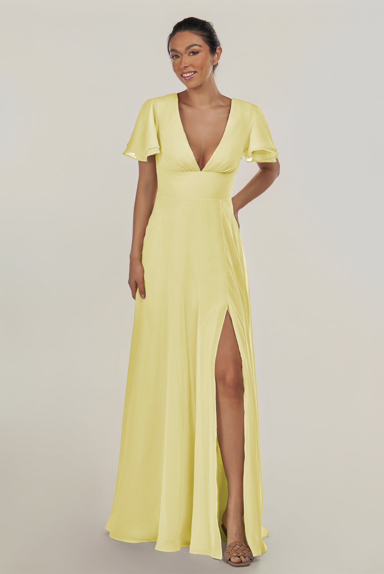 KissDress-Nira Buttercup A Line Chiffon Cap Sleeves V Neck Long Bridesmaid Dress with Slit