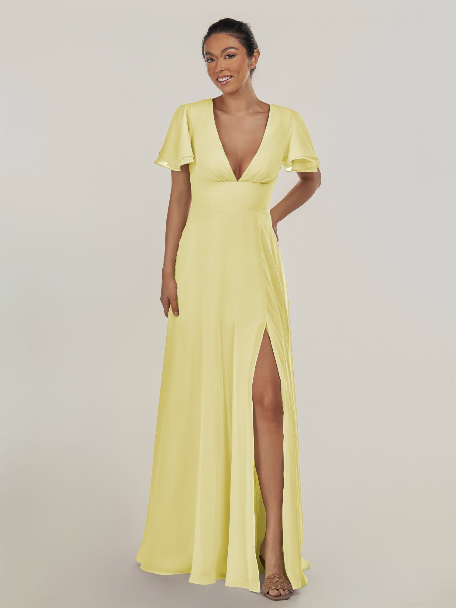 KissDress-Nira Buttercup A Line Chiffon Cap Sleeves V Neck Long Bridesmaid Dress with Slit
