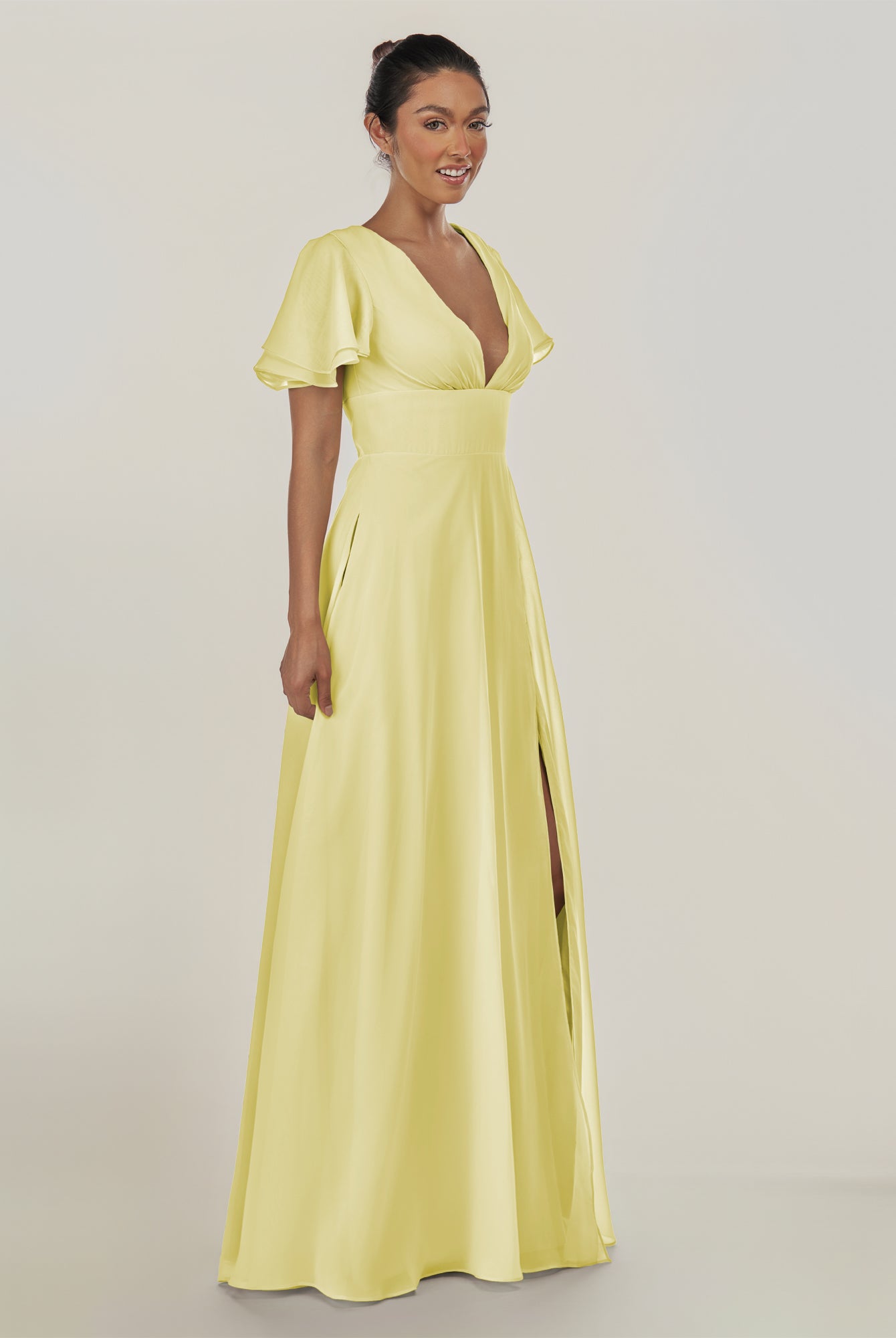 KissDress-Nira Buttercup A Line Chiffon Cap Sleeves V Neck Long Bridesmaid Dress with Slit