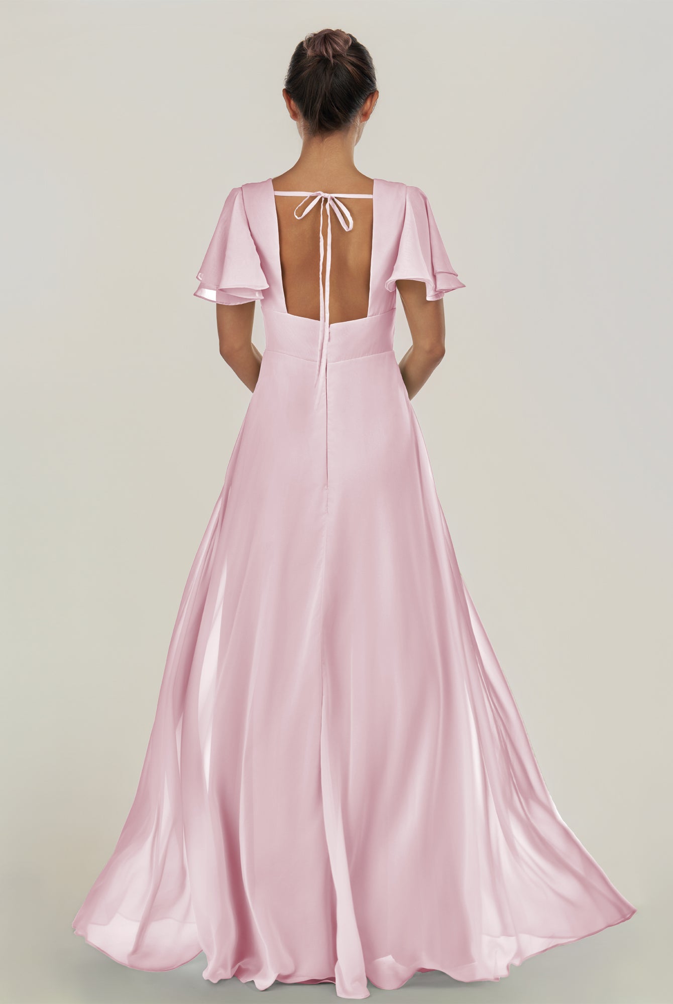 KissDress-Nira Candy Pink A Line Chiffon Cap Sleeves V Neck Long Bridesmaid Dress with Slit