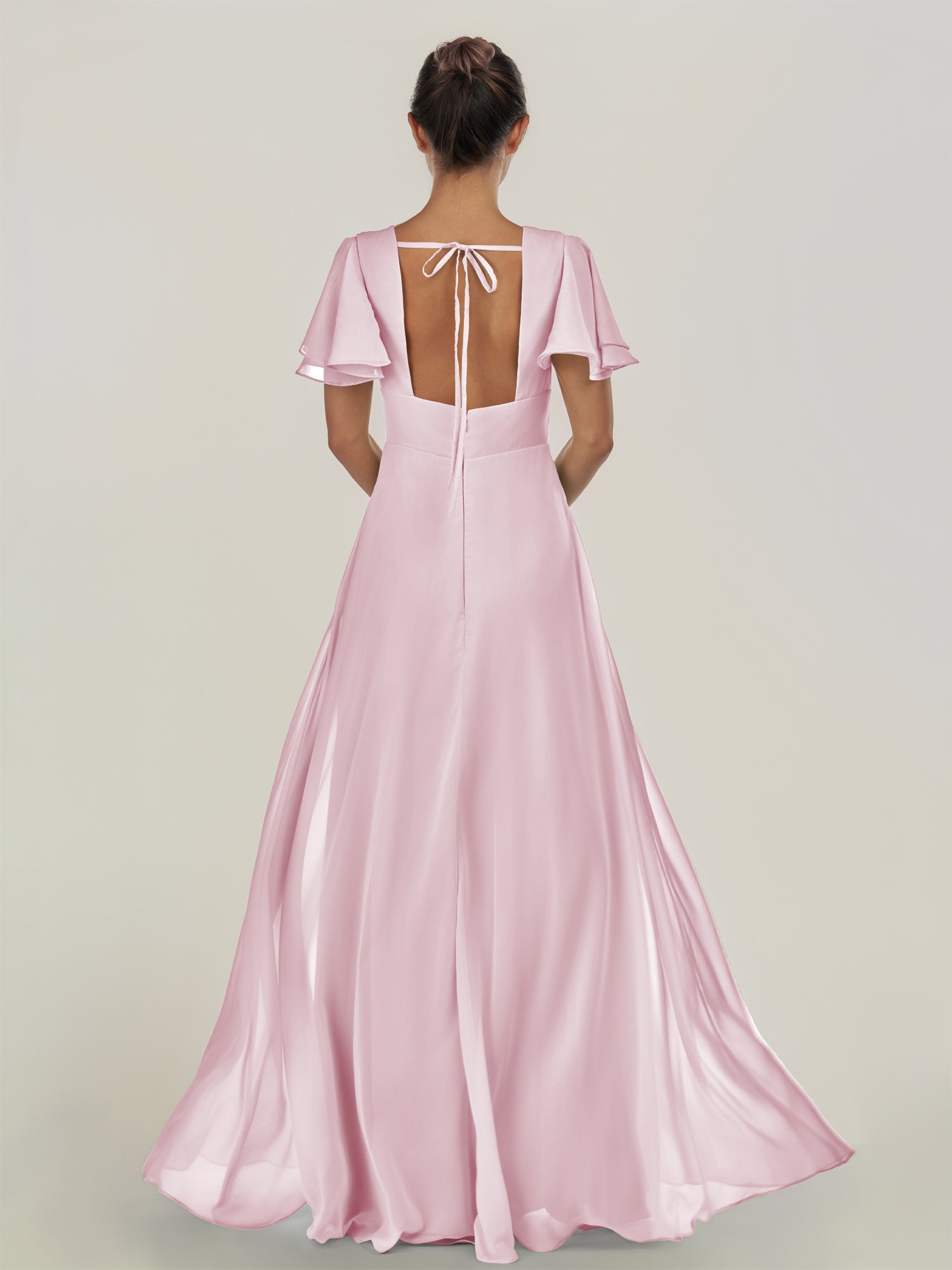 KissDress-Nira Candy Pink A Line Chiffon Cap Sleeves V Neck Long Bridesmaid Dress with Slit