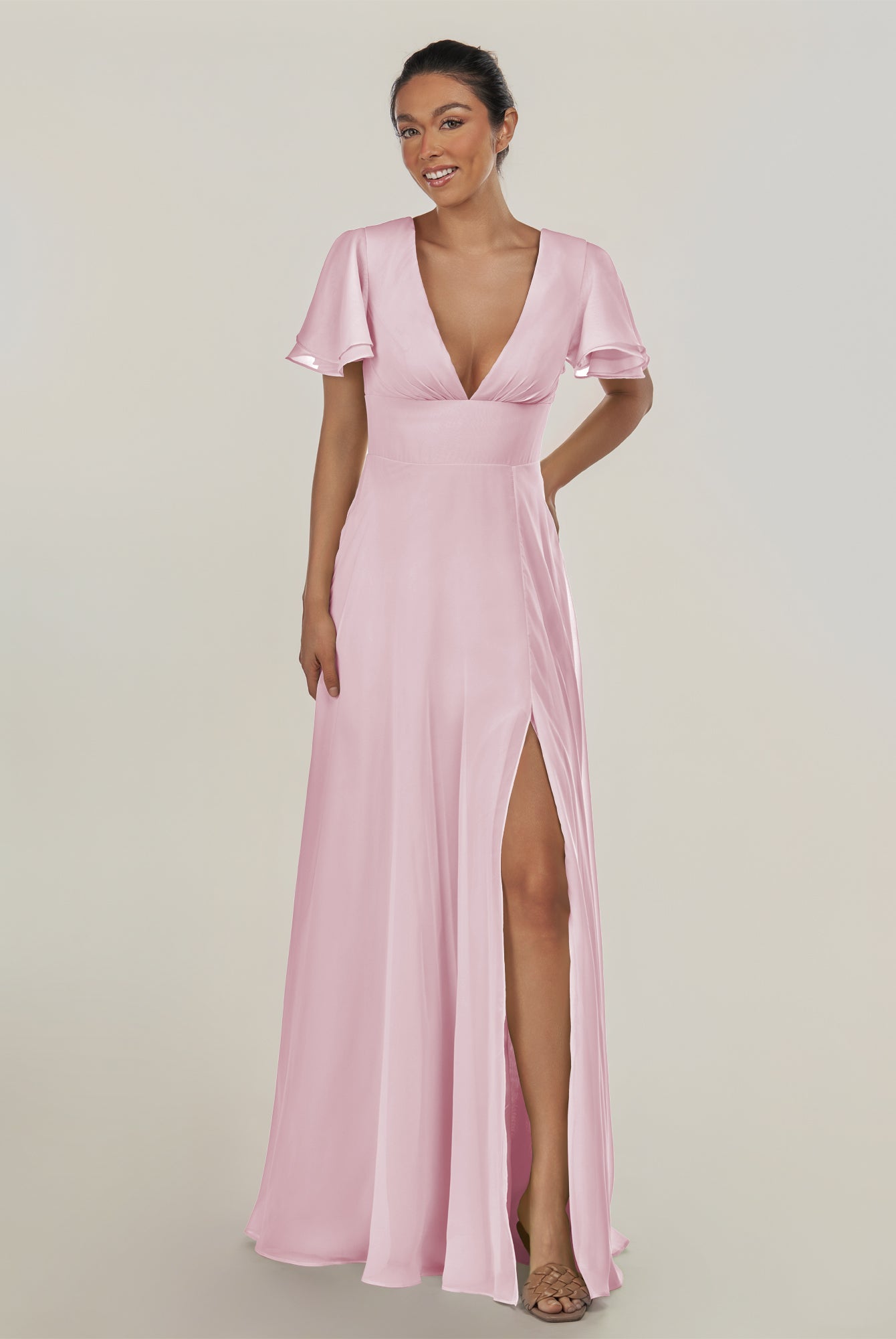 KissDress-Nira Candy Pink A Line Chiffon Cap Sleeves V Neck Long Bridesmaid Dress with Slit