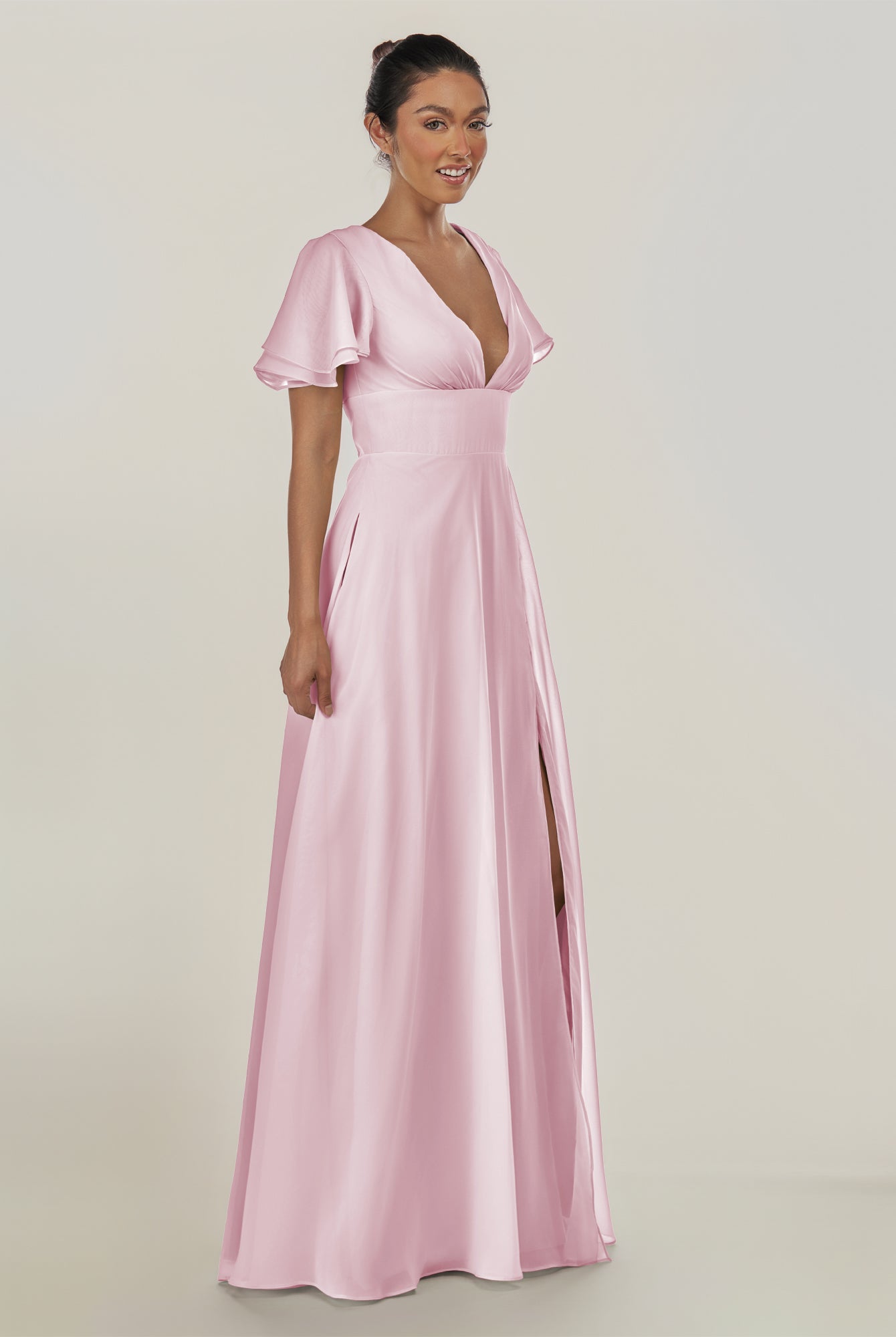 KissDress-Nira Candy Pink A Line Chiffon Cap Sleeves V Neck Long Bridesmaid Dress with Slit