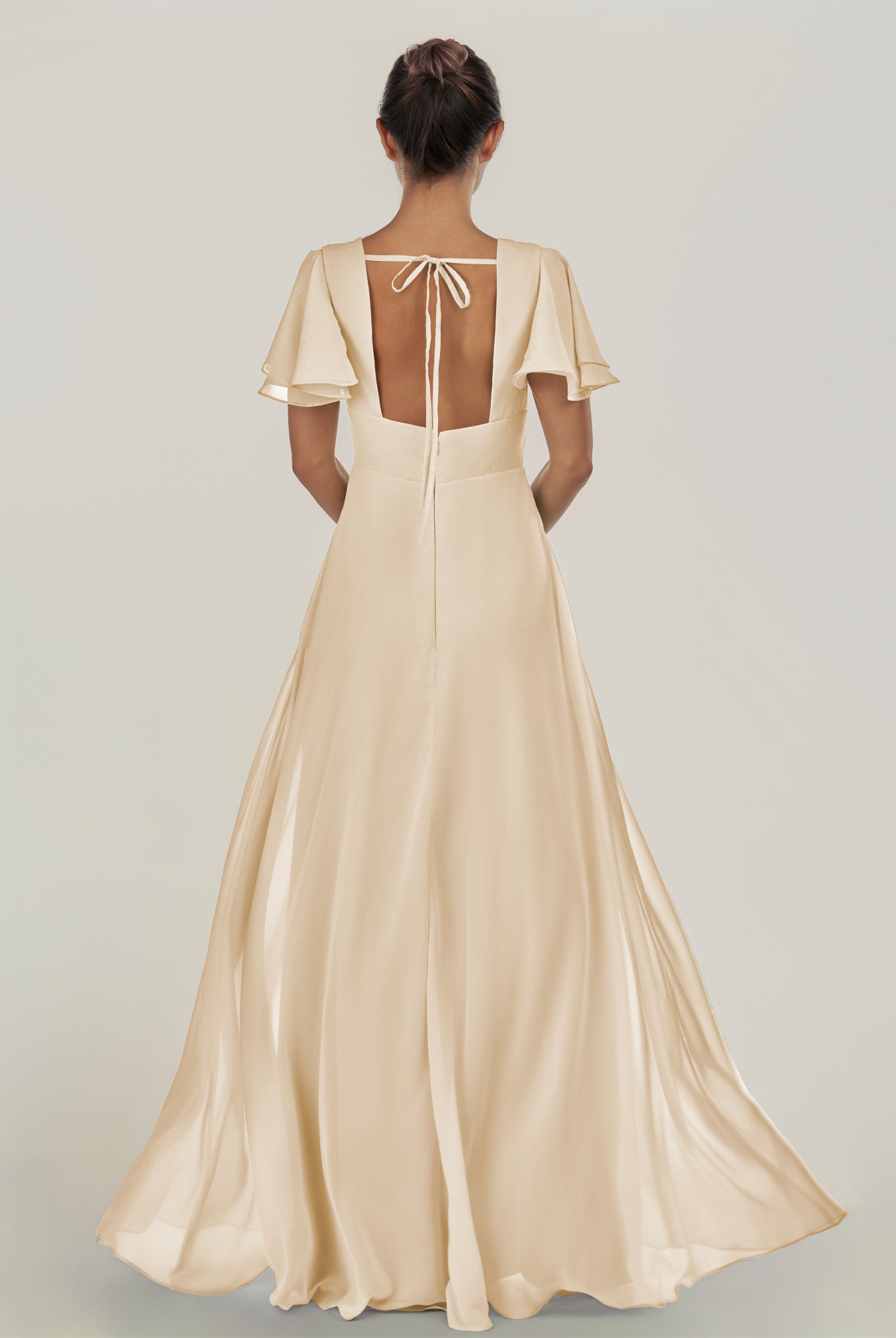 KissDress-Nira Champagne A Line Chiffon Cap Sleeves V Neck Long Bridesmaid Dress with Slit