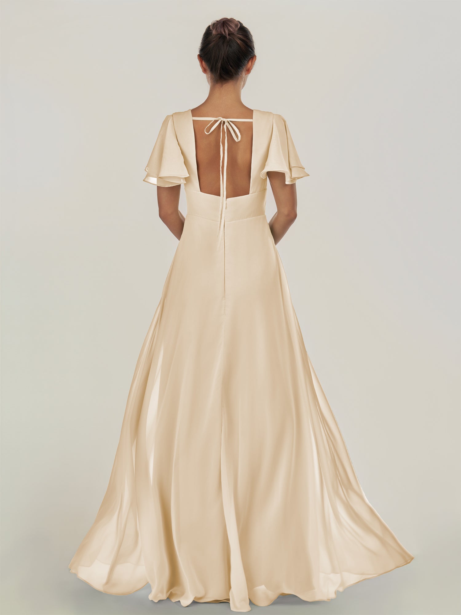 KissDress-Nira Champagne A Line Chiffon Cap Sleeves V Neck Long Bridesmaid Dress with Slit