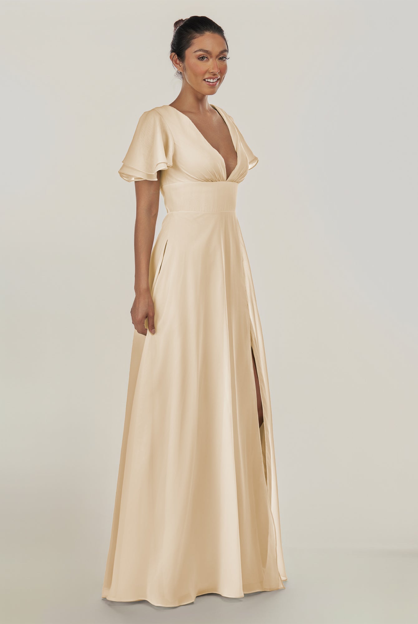 KissDress-Nira Champagne A Line Chiffon Cap Sleeves V Neck Long Bridesmaid Dress with Slit