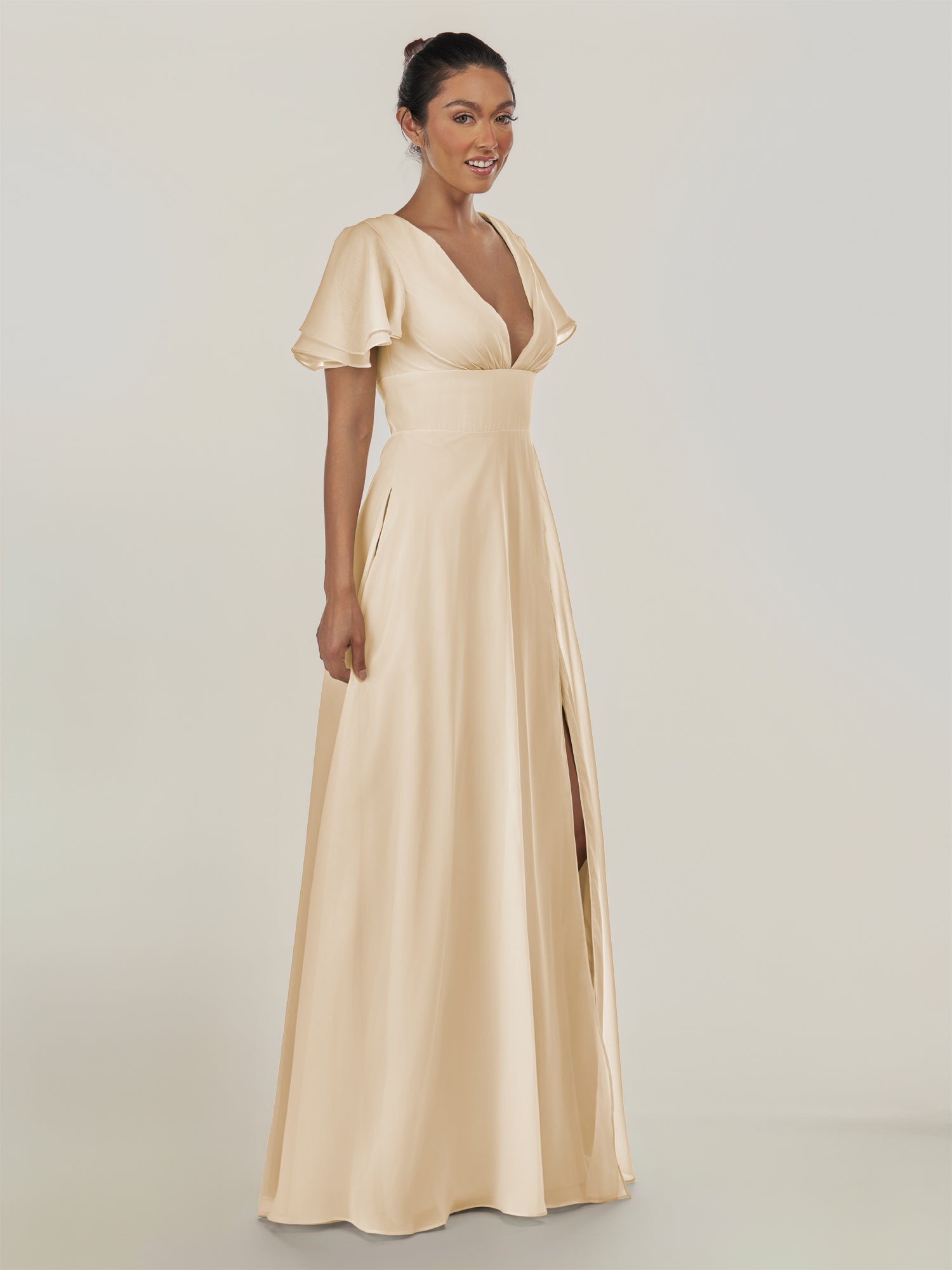 KissDress-Nira Champagne A Line Chiffon Cap Sleeves V Neck Long Bridesmaid Dress with Slit