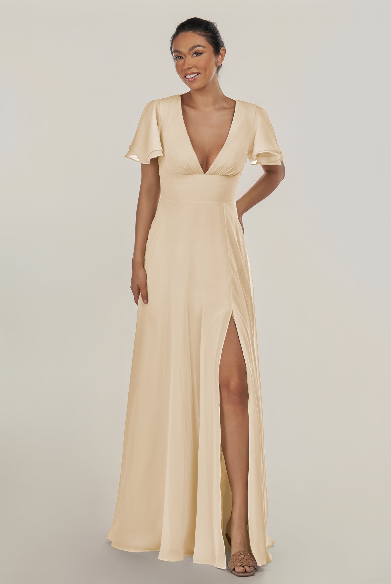 KissDress-Nira Champagne A Line Chiffon Cap Sleeves V Neck Long Bridesmaid Dress with Slit