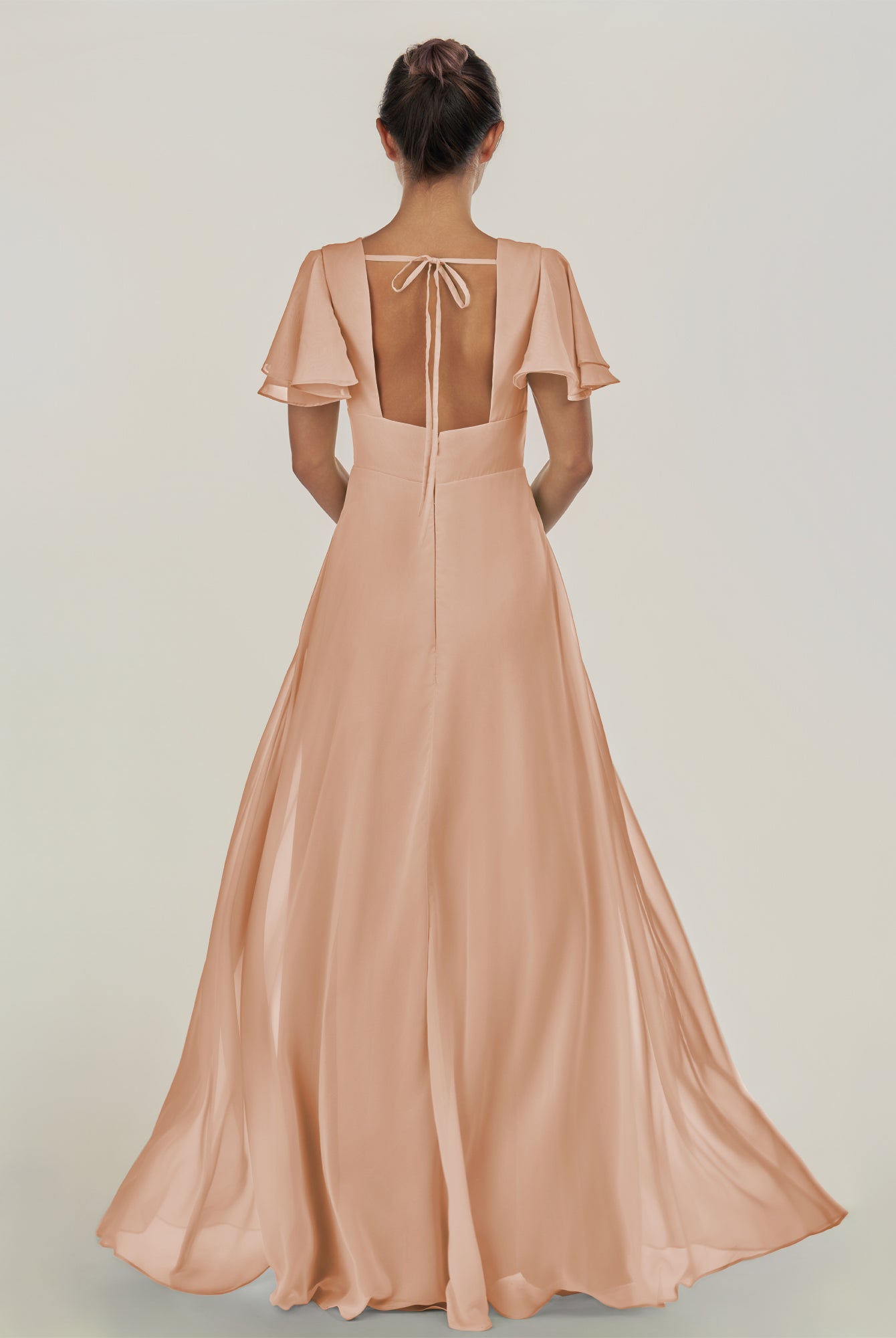 KissDress-Nira Champagne Rose A Line Chiffon Cap Sleeves V Neck Long Bridesmaid Dress with Slit