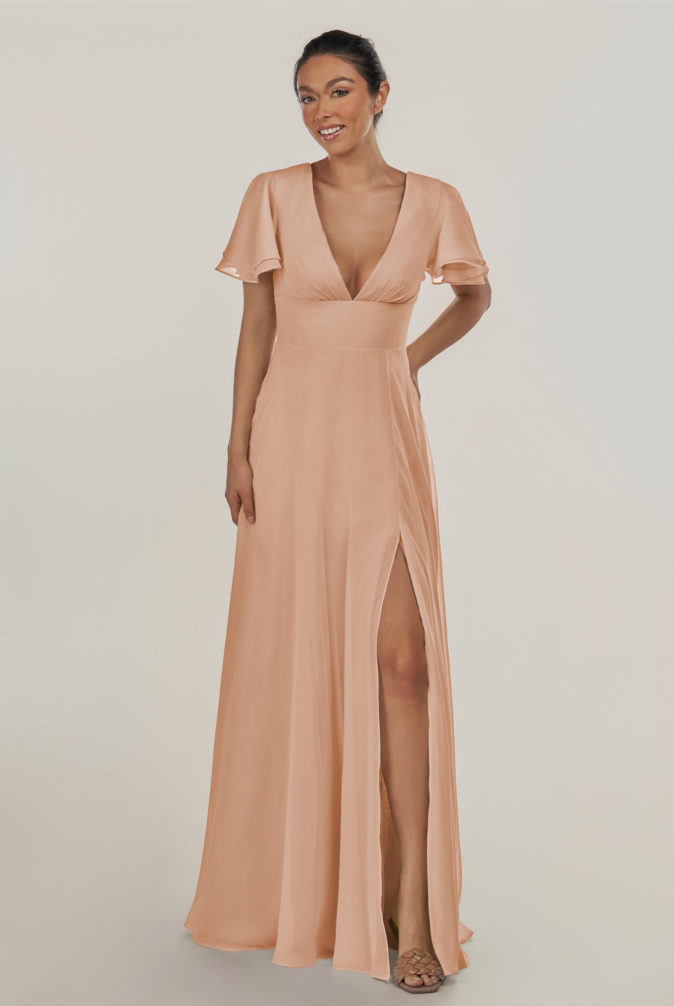 KissDress-Nira Champagne Rose A Line Chiffon Cap Sleeves V Neck Long Bridesmaid Dress with Slit
