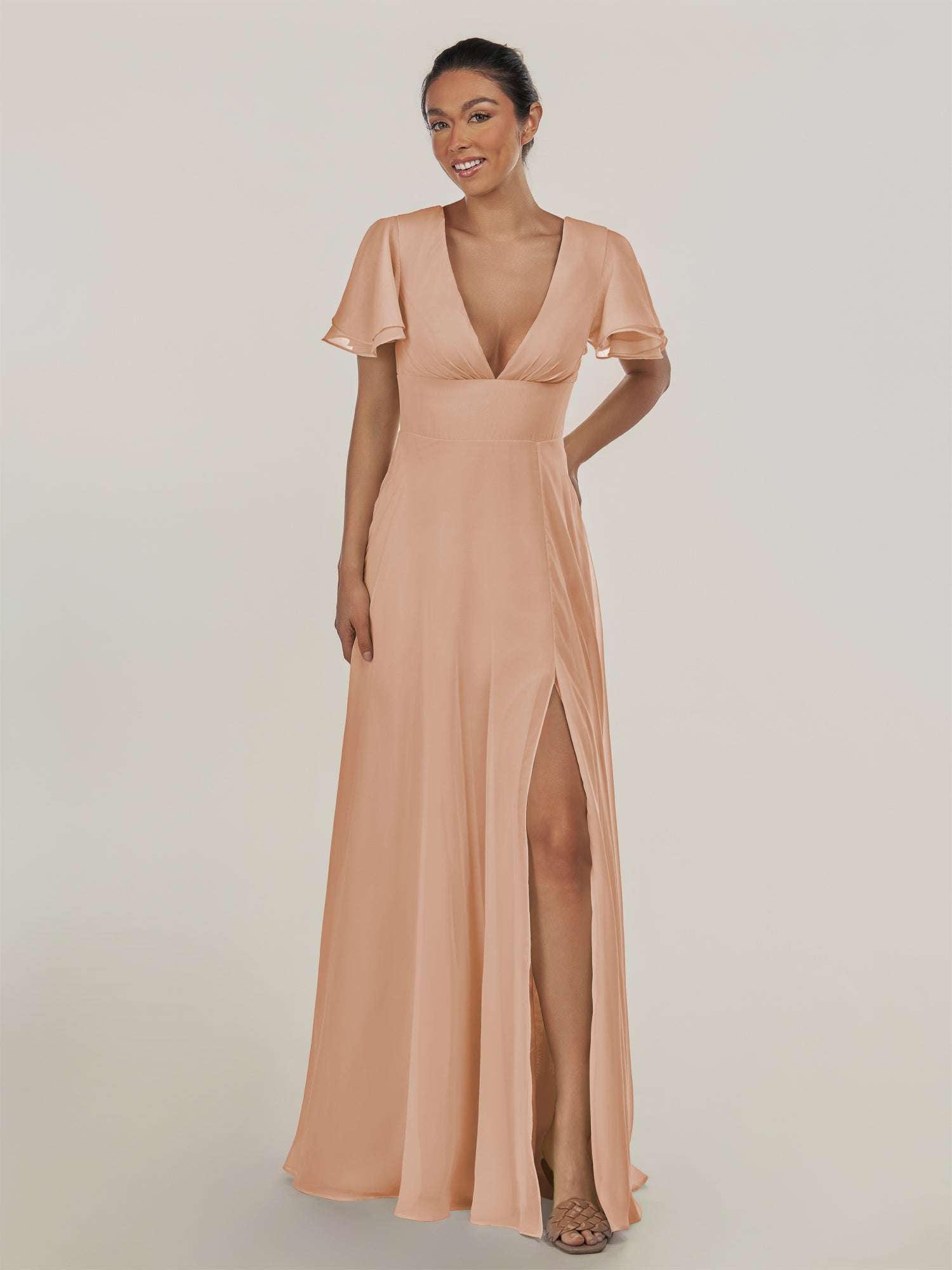 KissDress-Nira Champagne Rose A Line Chiffon Cap Sleeves V Neck Long Bridesmaid Dress with Slit