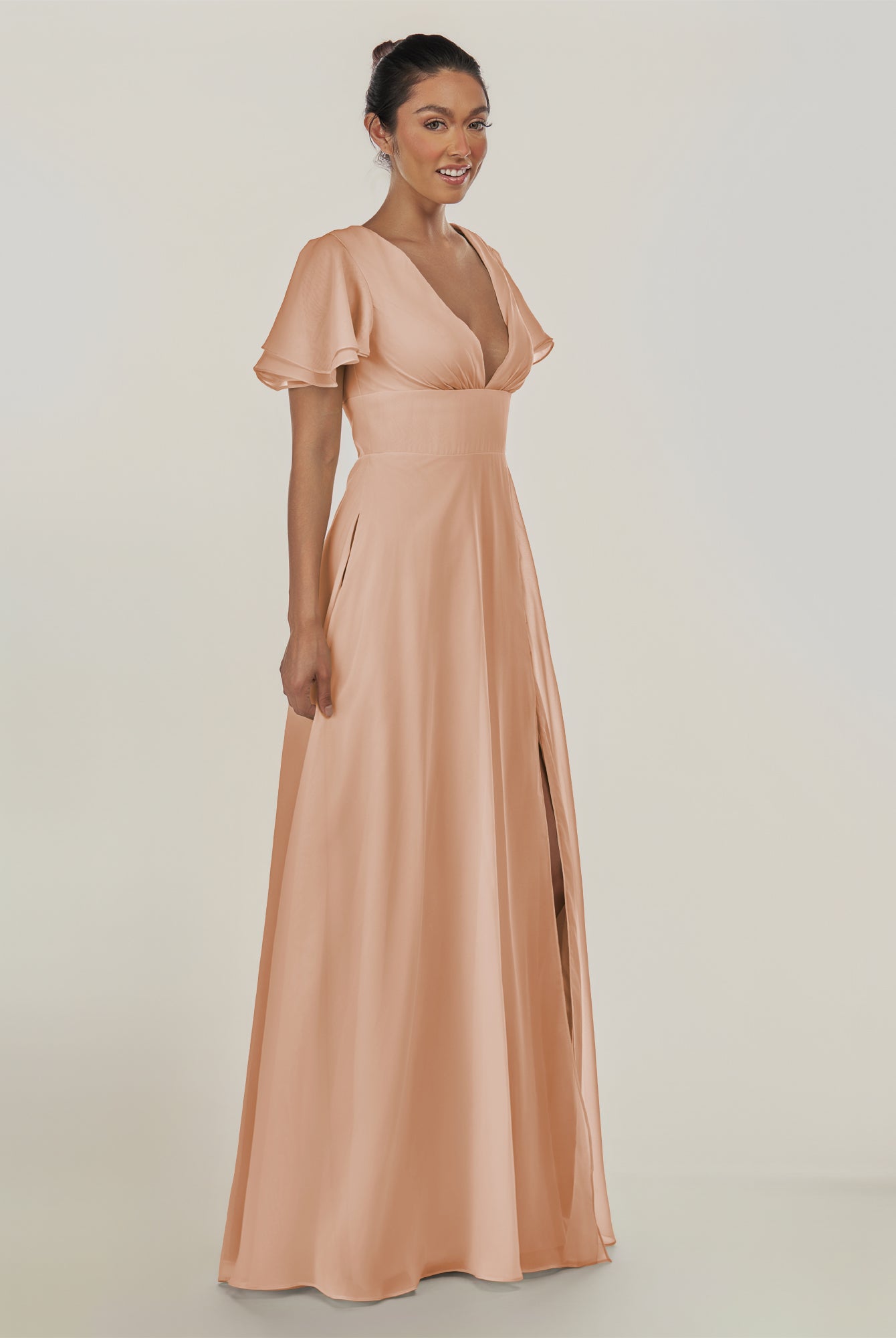 KissDress-Nira Champagne Rose A Line Chiffon Cap Sleeves V Neck Long Bridesmaid Dress with Slit