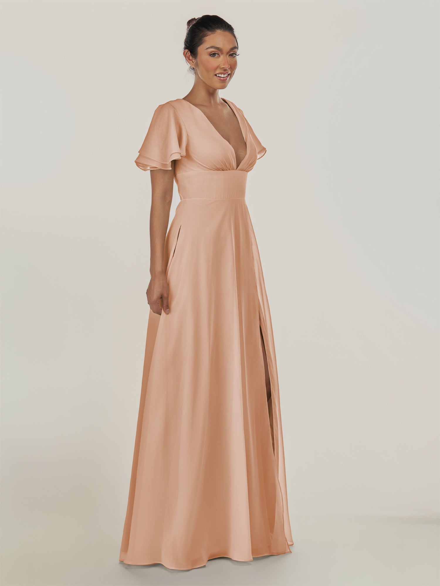 KissDress-Nira Champagne Rose A Line Chiffon Cap Sleeves V Neck Long Bridesmaid Dress with Slit