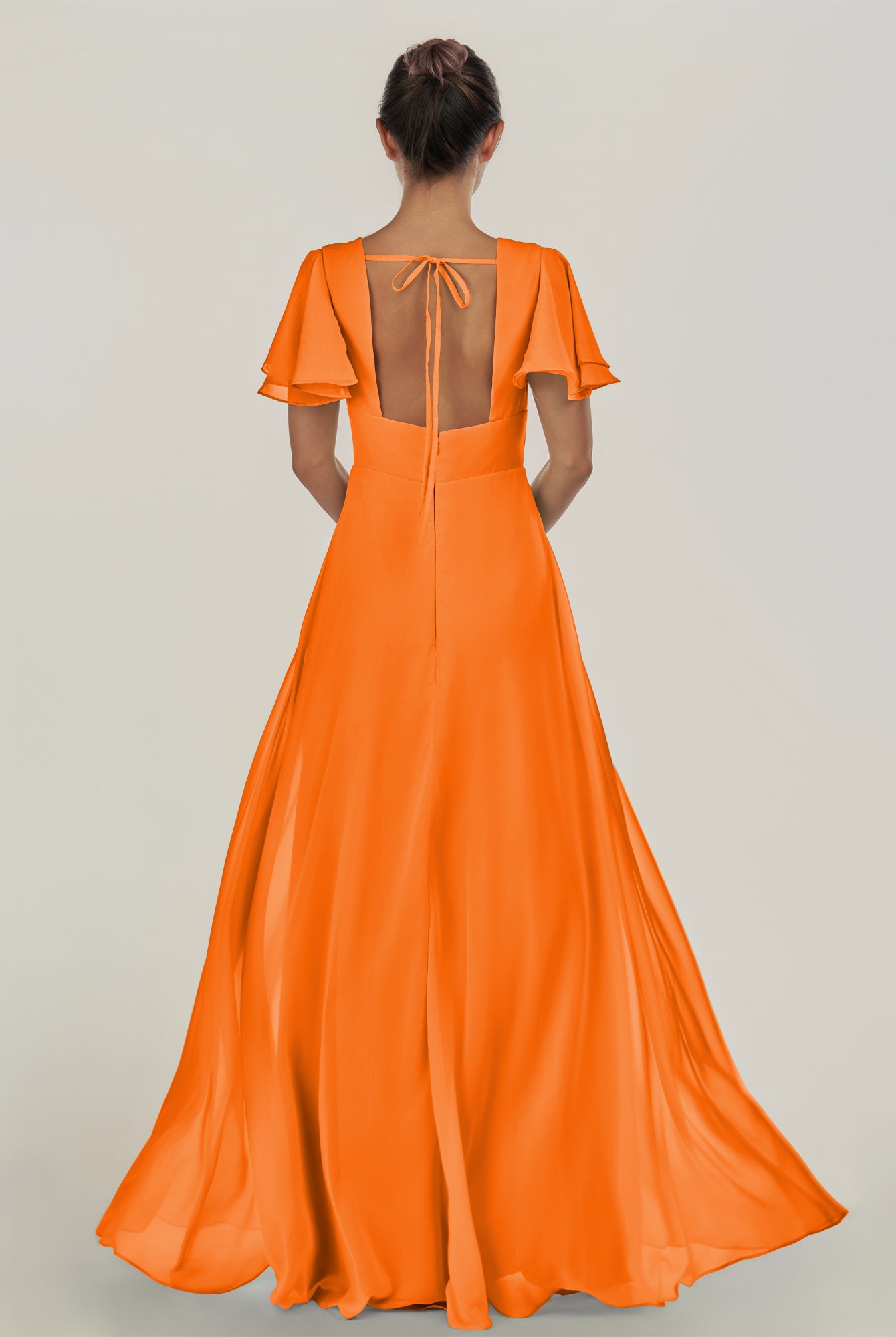 KissDress-Nira Cinnamon A Line Chiffon Cap Sleeves V Neck Long Bridesmaid Dress with Slit