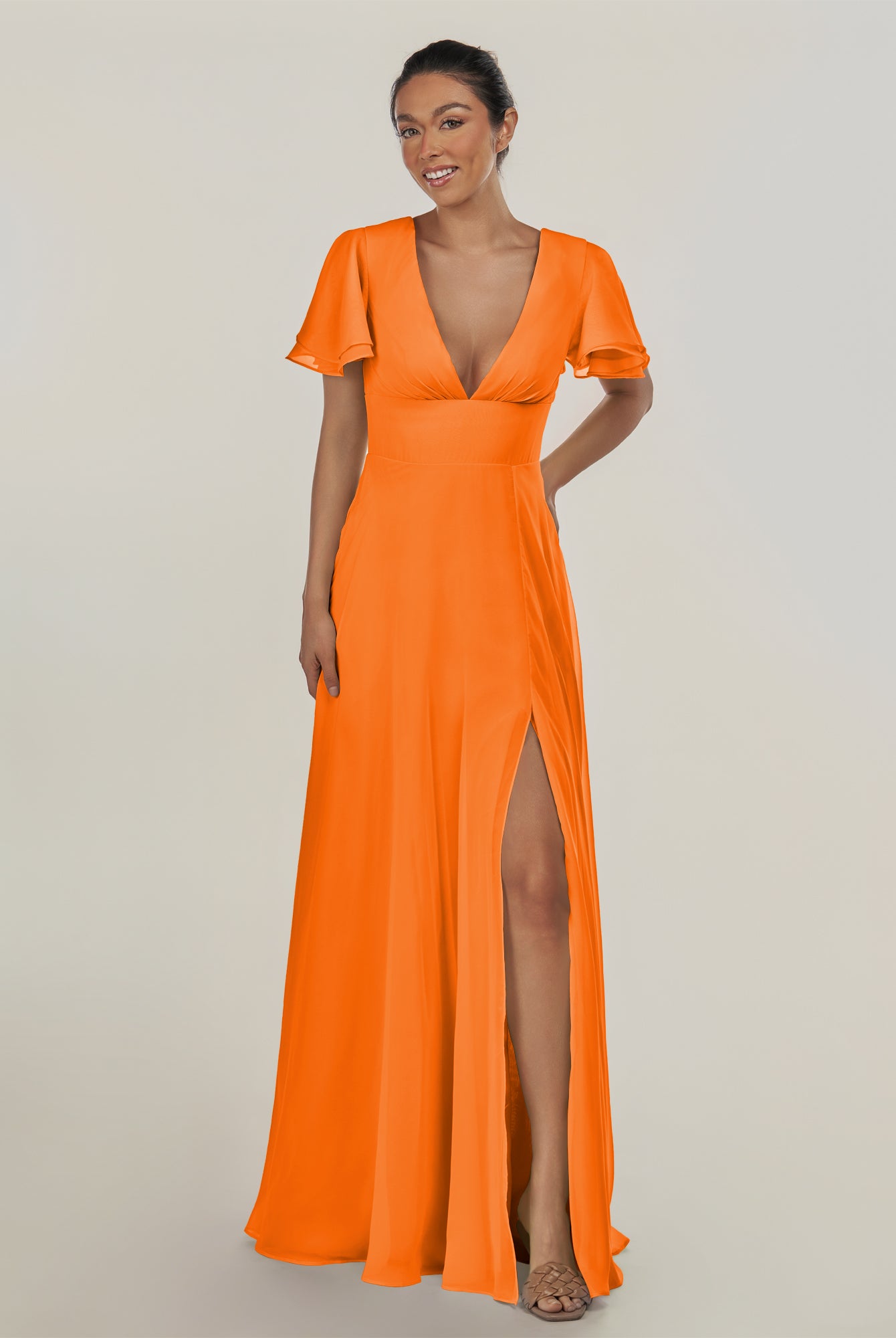 KissDress-Nira Cinnamon A Line Chiffon Cap Sleeves V Neck Long Bridesmaid Dress with Slit