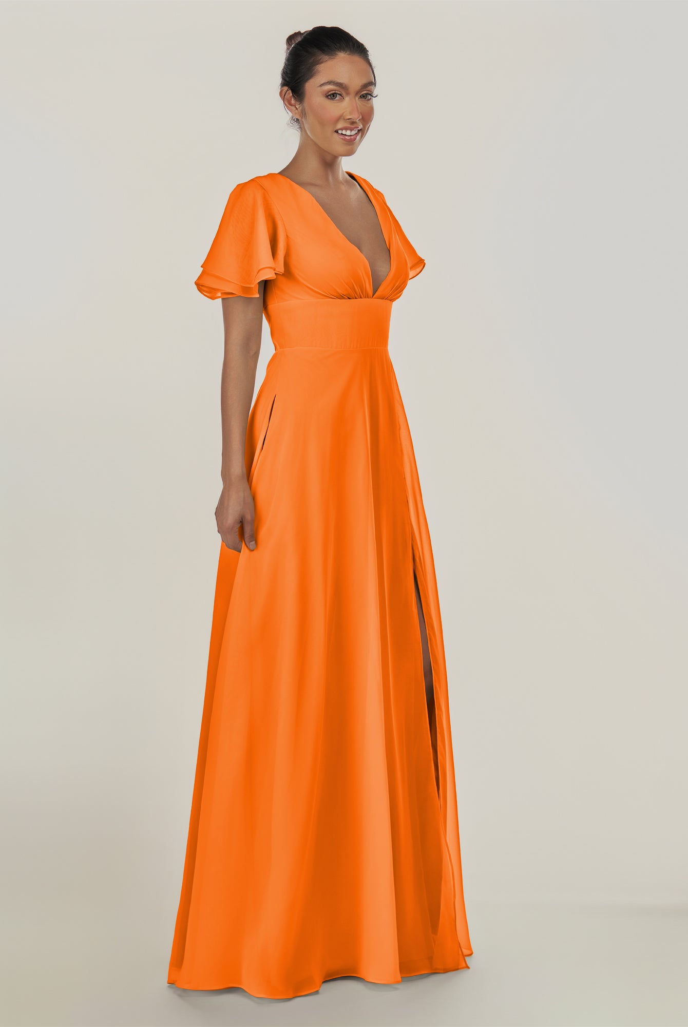 KissDress-Nira Cinnamon A Line Chiffon Cap Sleeves V Neck Long Bridesmaid Dress with Slit