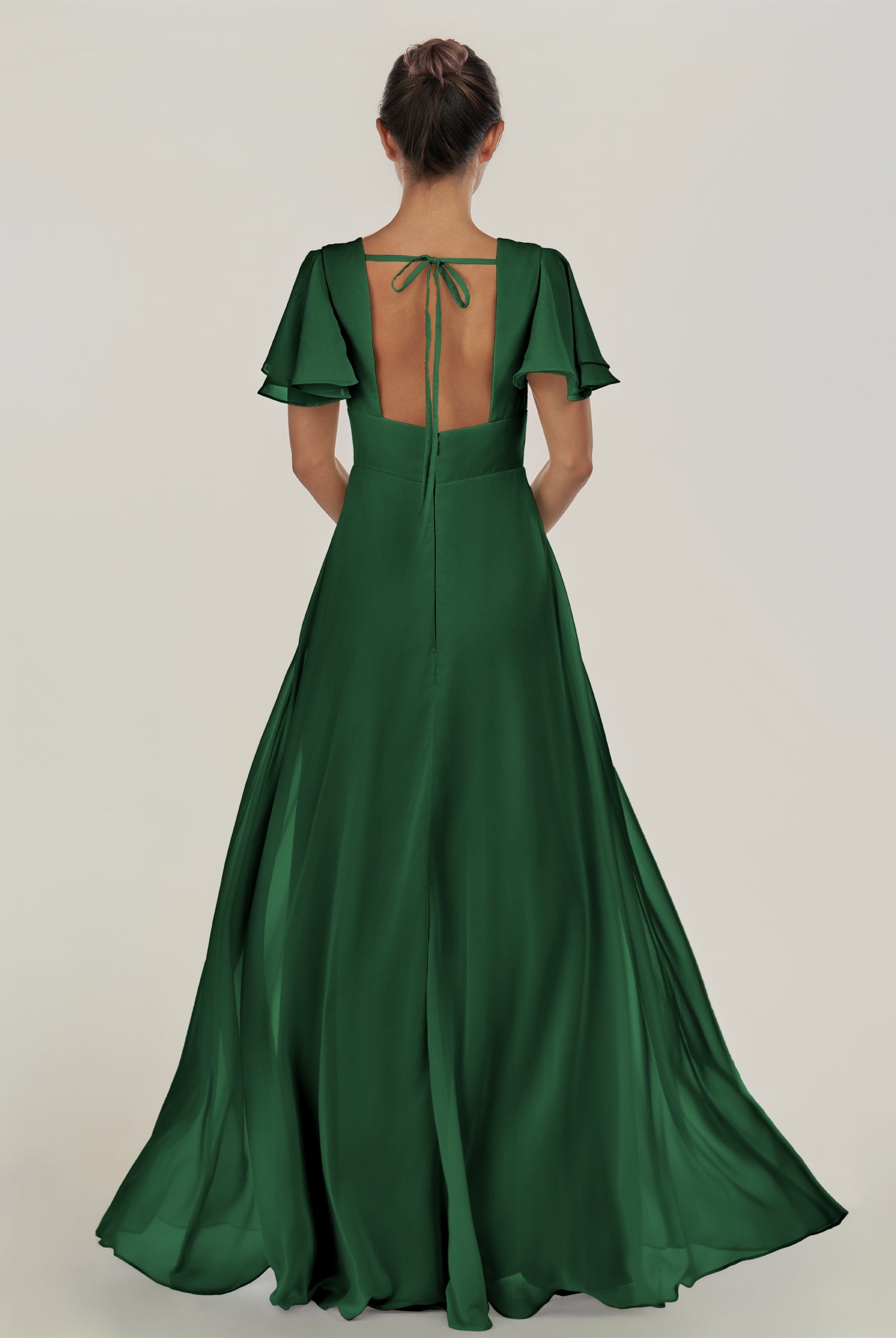 KissDress-Nira Dark Green A Line Chiffon Cap Sleeves V Neck Long Bridesmaid Dress with Slit