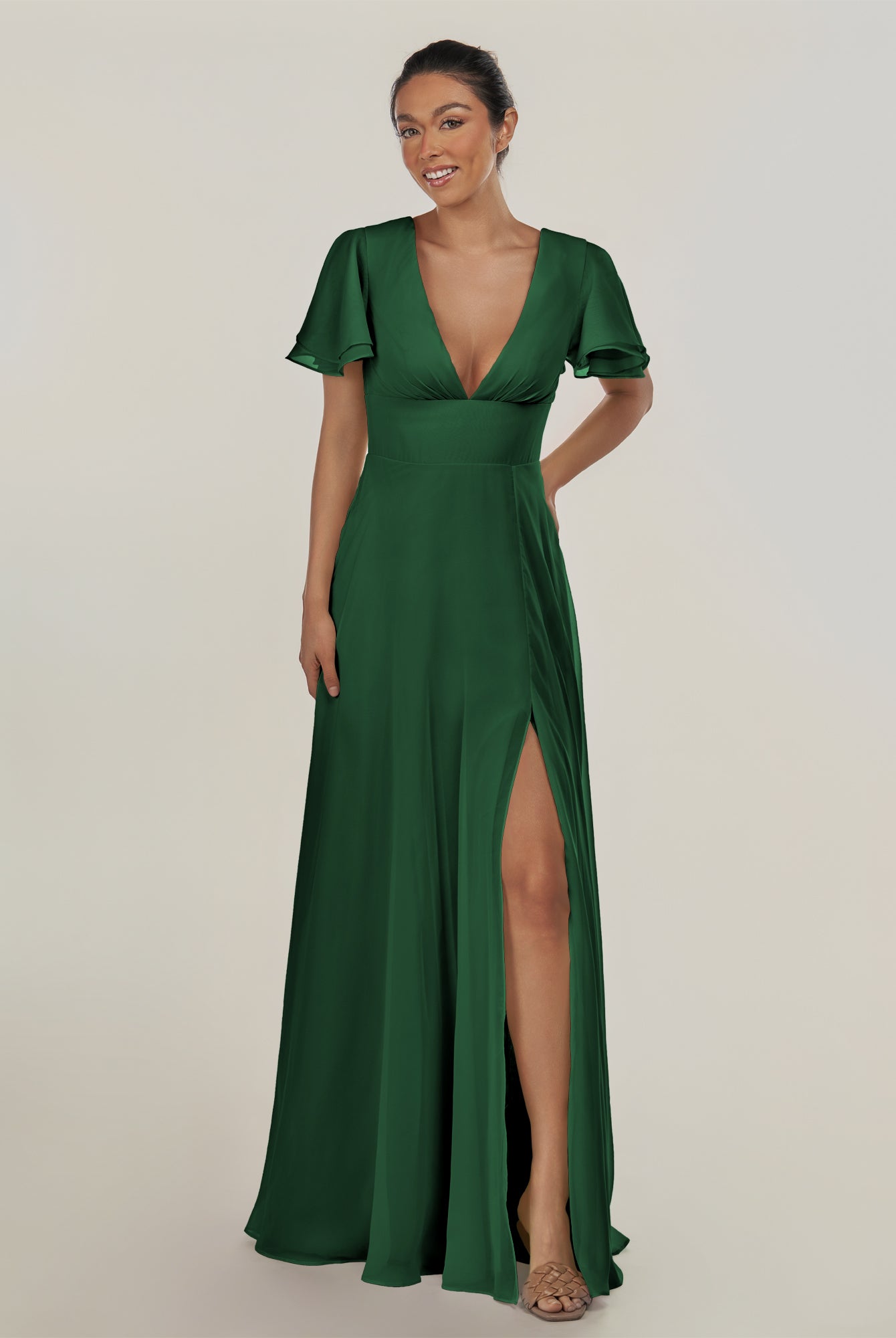 KissDress-Nira Dark Green A Line Chiffon Cap Sleeves V Neck Long Bridesmaid Dress with Slit