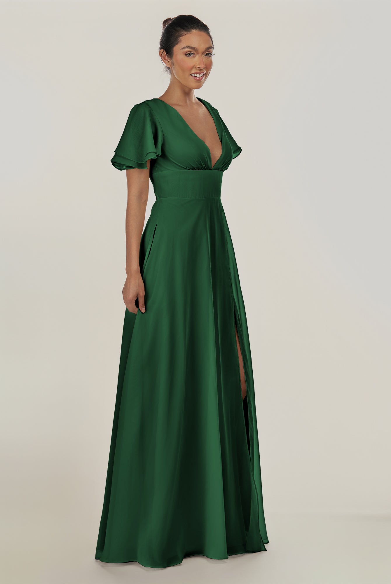 KissDress-Nira Dark Green A Line Chiffon Cap Sleeves V Neck Long Bridesmaid Dress with Slit