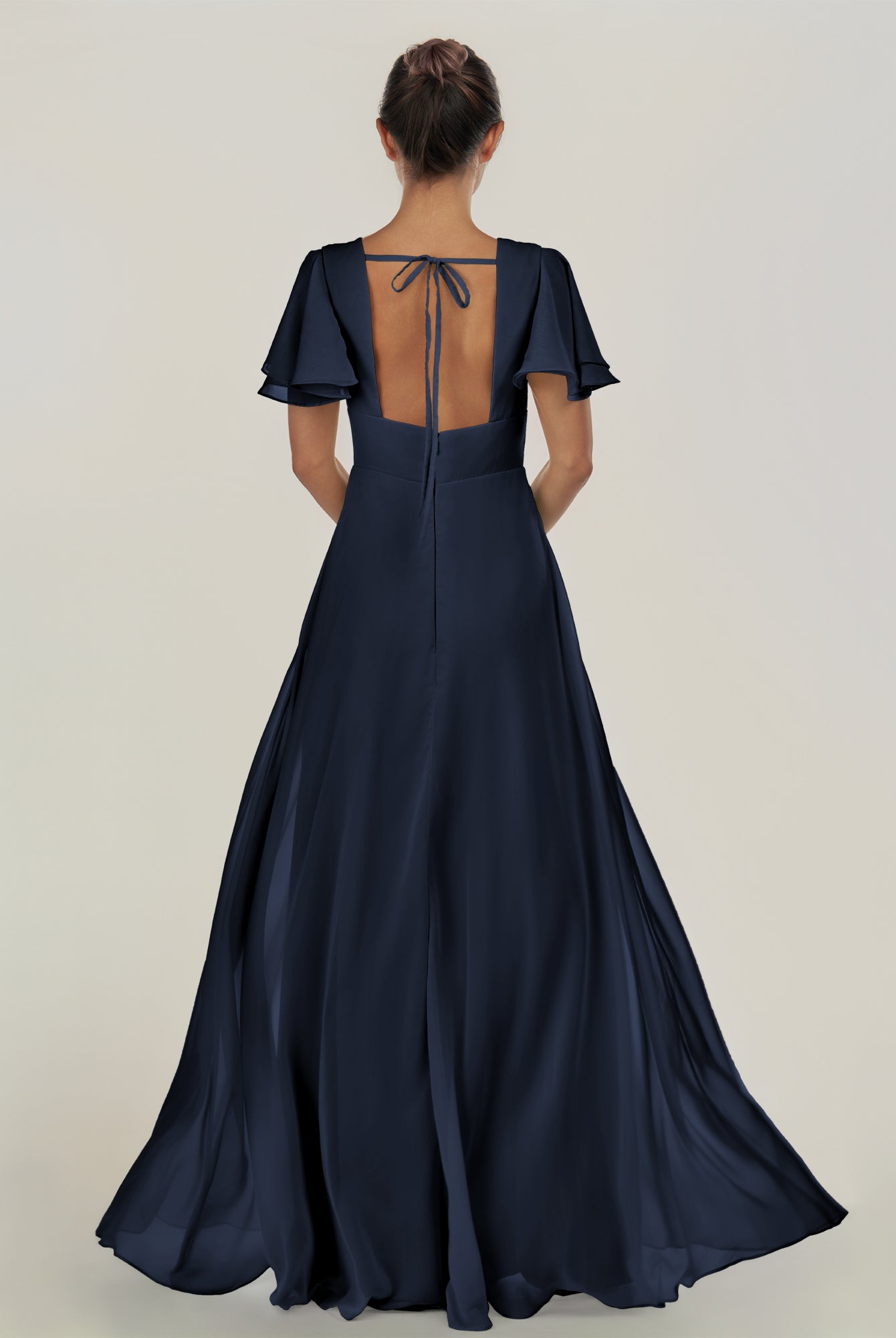 KissDress-Nira Dark Navy A Line Chiffon Cap Sleeves V Neck Long Bridesmaid Dress with Slit