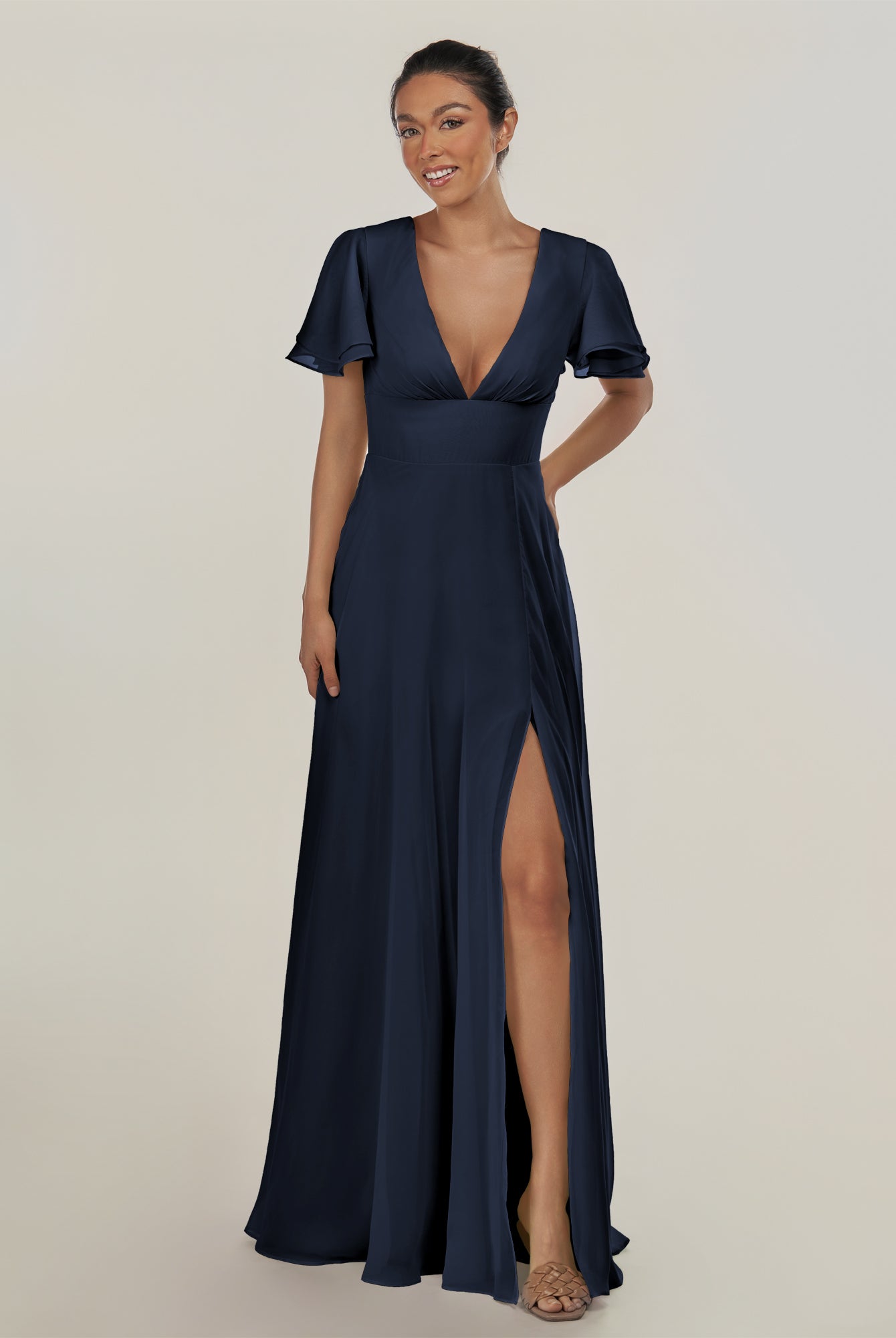 KissDress-Nira Dark Navy A Line Chiffon Cap Sleeves V Neck Long Bridesmaid Dress with Slit