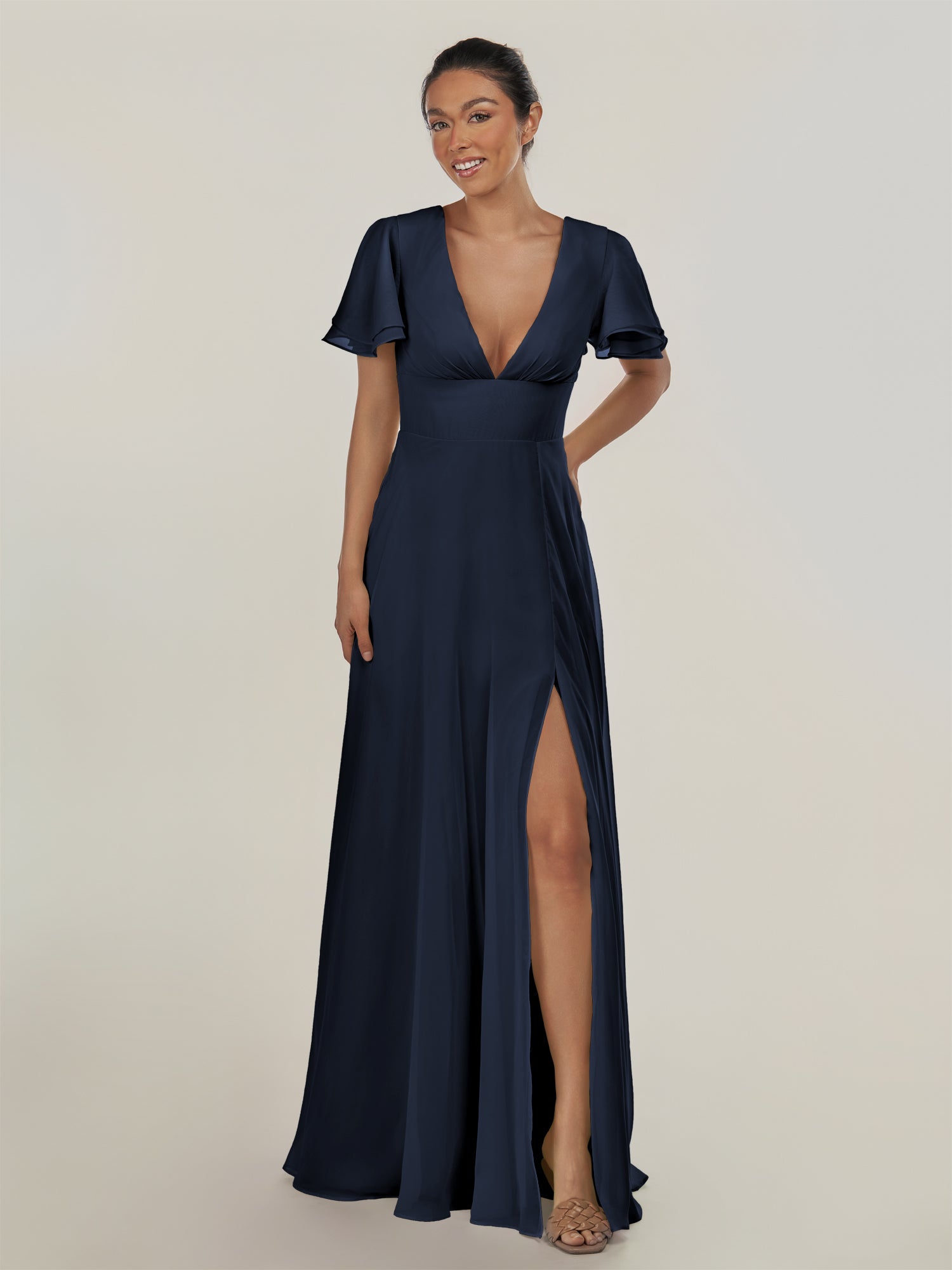 KissDress-Nira Dark Navy A Line Chiffon Cap Sleeves V Neck Long Bridesmaid Dress with Slit