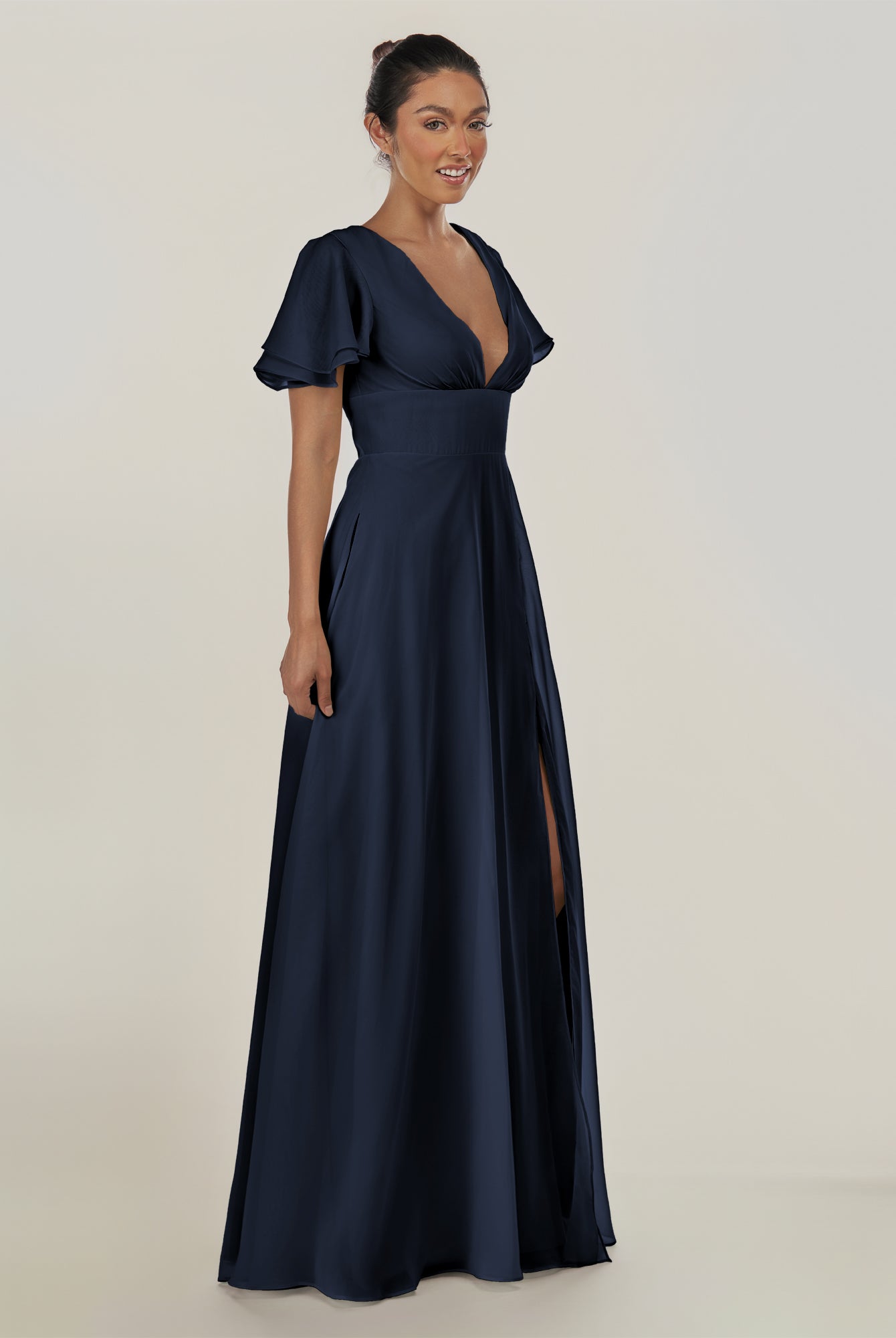 KissDress-Nira Dark Navy A Line Chiffon Cap Sleeves V Neck Long Bridesmaid Dress with Slit