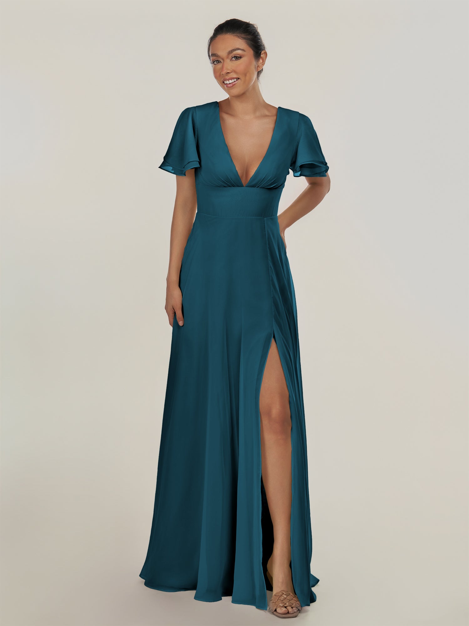 KissDress-Nira Dark Teal A Line Chiffon Cap Sleeves V Neck Long Bridesmaid Dress with Slit