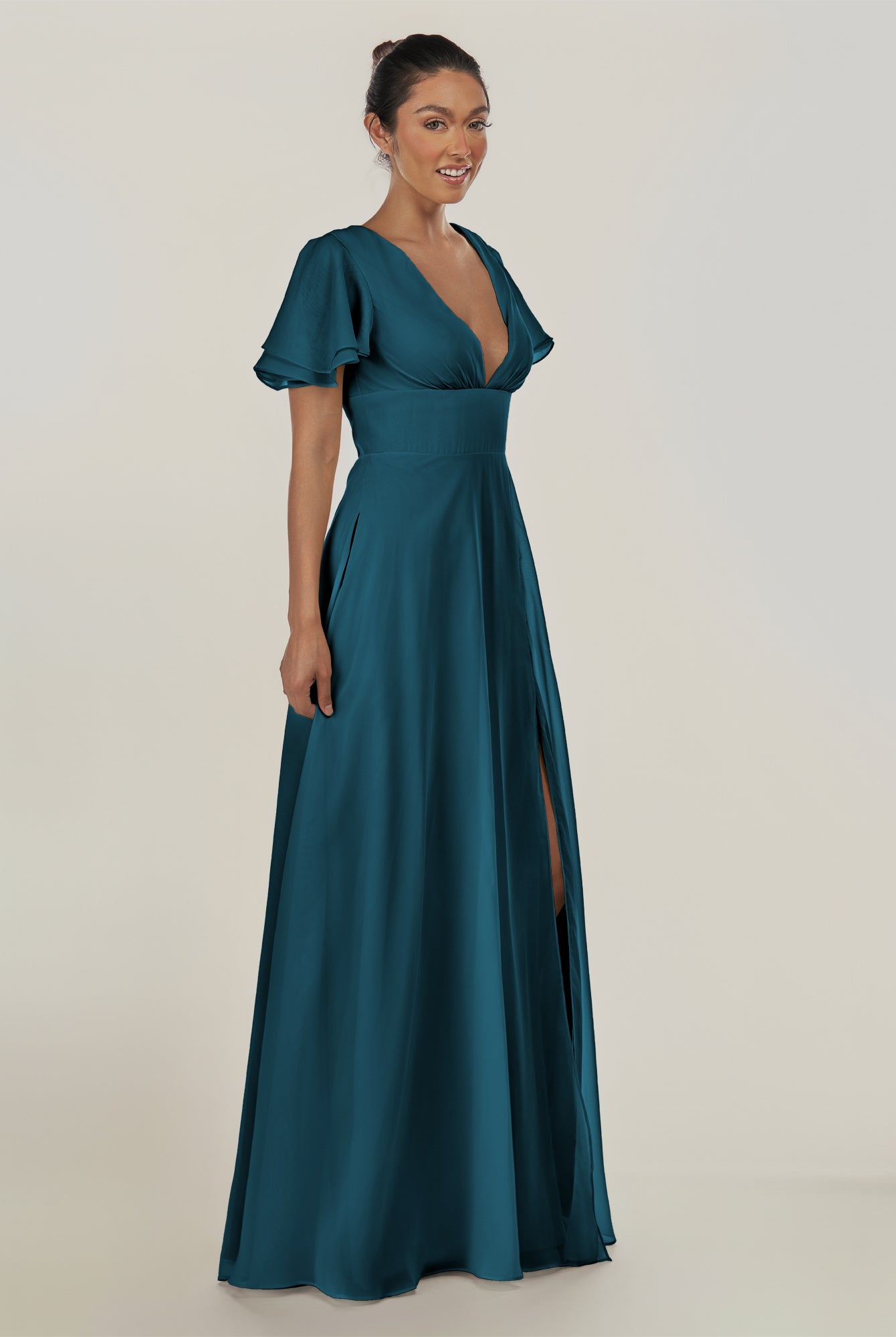 KissDress-Nira Dark Teal A Line Chiffon Cap Sleeves V Neck Long Bridesmaid Dress with Slit