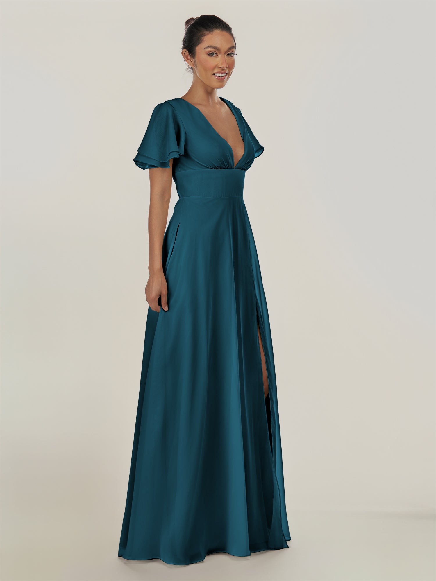 KissDress-Nira Dark Teal A Line Chiffon Cap Sleeves V Neck Long Bridesmaid Dress with Slit